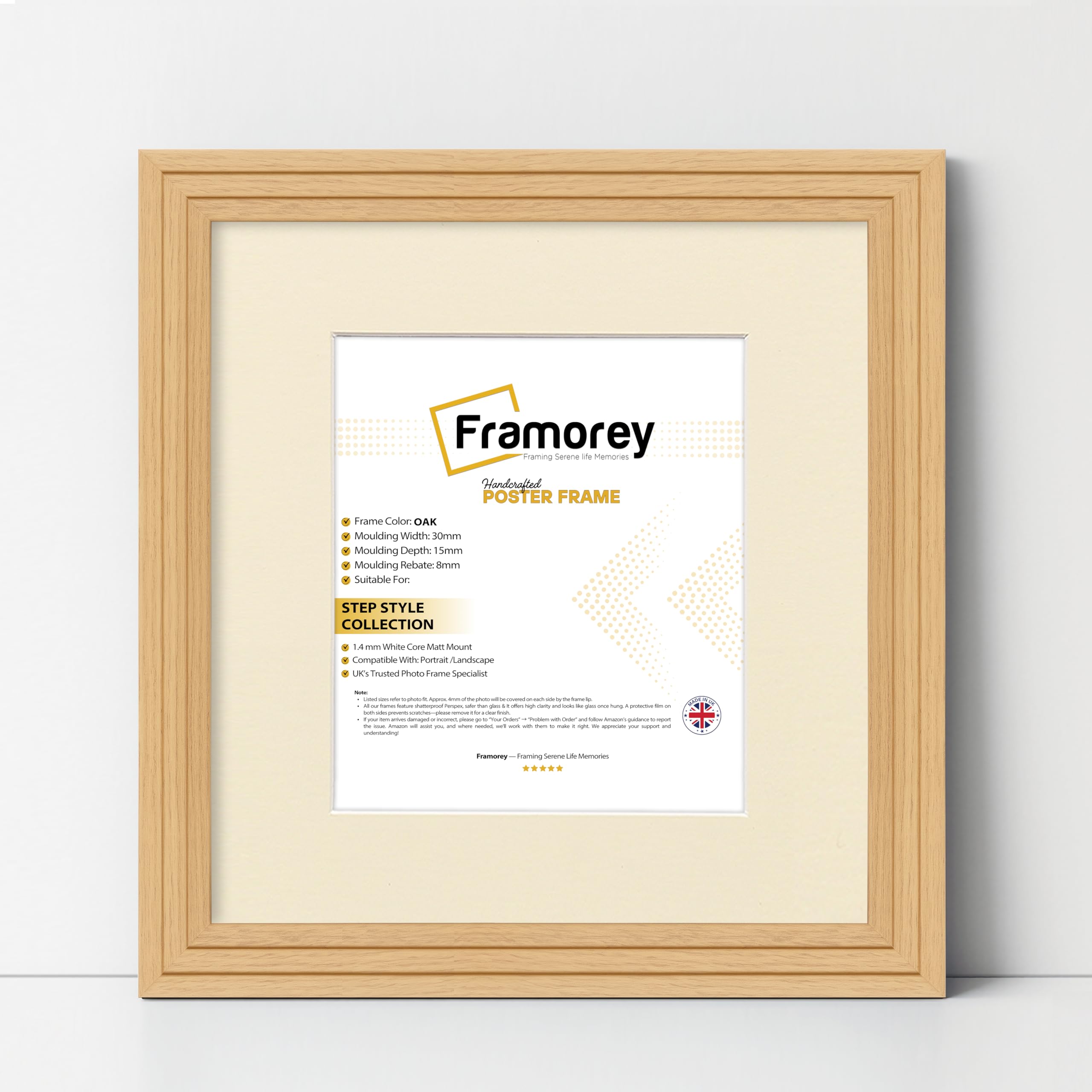 FRAMOREY Oxford Step Style Wooden Effect Picture Frame, 30x30CM Square Size Oak Photo Frame With 25x25CM Size Ivory Mount, Wall Hanging Frames, Personalized Frames