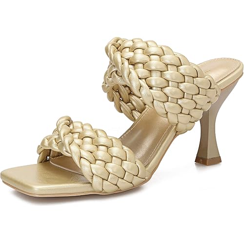 Women's Braided Heels Mules Stiletto Sandals Slip On Square Open Toe Dress Backless Heeled Slippers Fashion Sexy Dress Wedding High Heel Slides