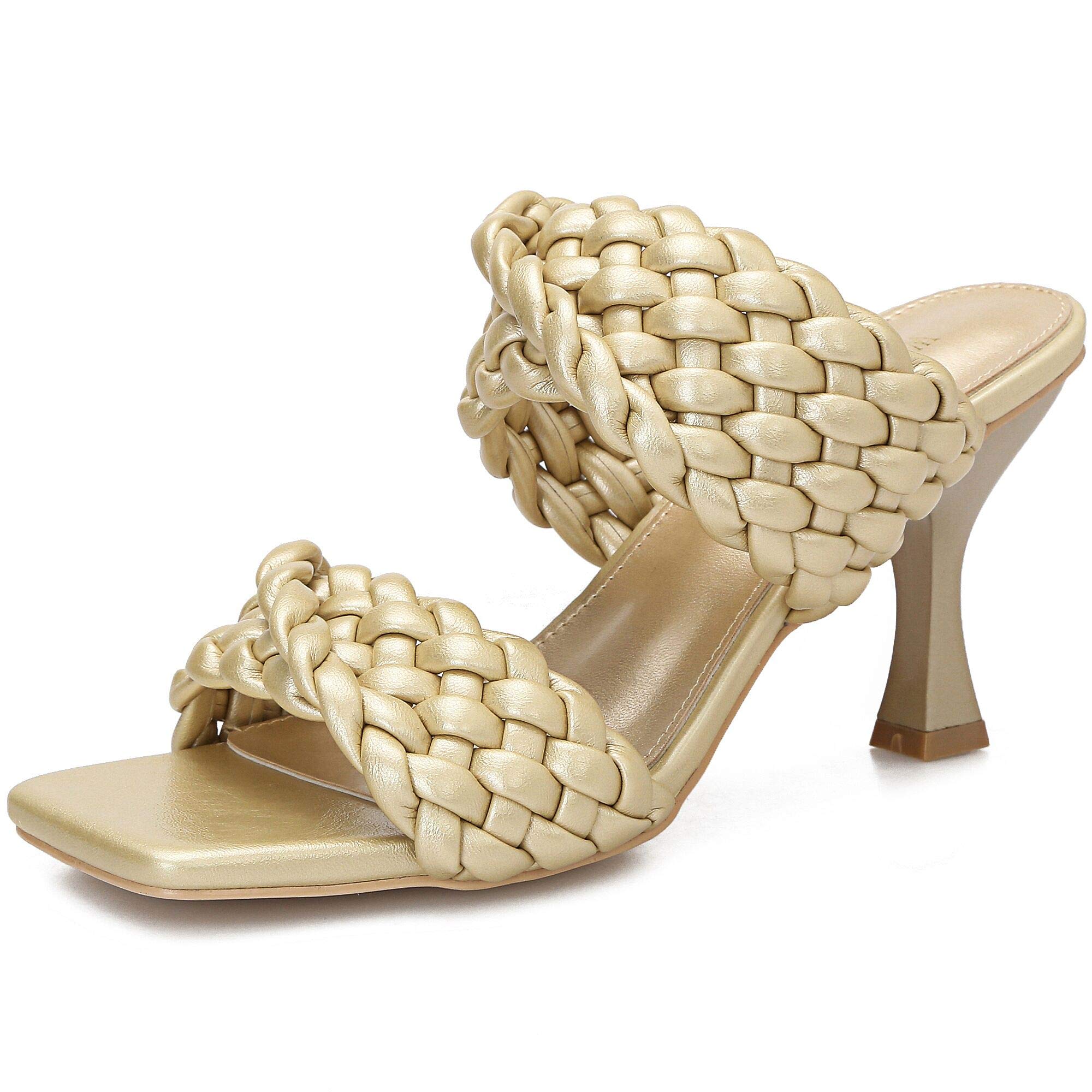 WSKEISP Women's Braided Heels Sandals Square Stiletto Mules Slip On Open Toe Backless Heeled Slippers Fashion Sexy Dress Wedding High Heel Slides