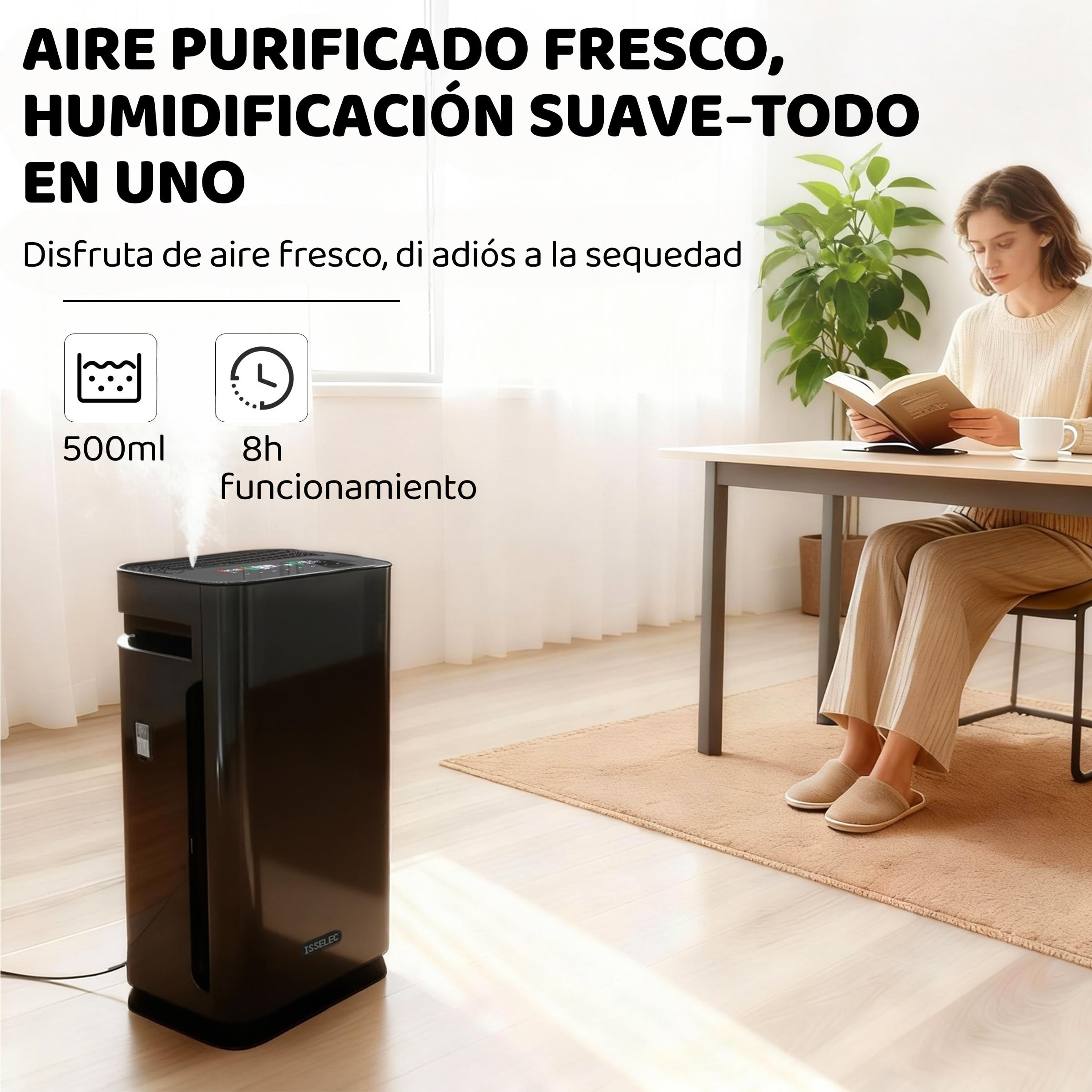 2 en 1 Purificador de Aire, con Función de Humidificación, Purificador de Aire con Filtro HEPA H13, CADR 330m³/h a 80㎡, Elimina 99.97% de Alergias Polen Ácaros Humo Pelo de Mascota, 22dB Modo de Sueño