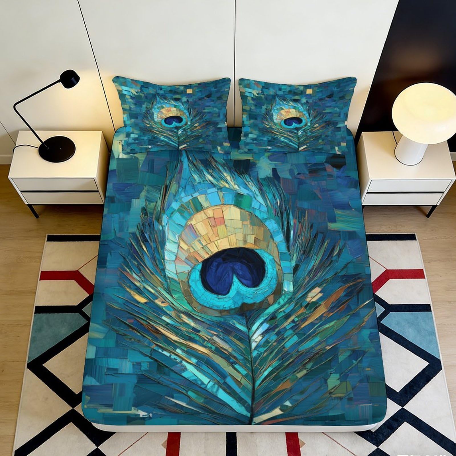 Pnayamiorkfel Style-2 3D Printed Peacock Feather Fitted Sheet Microfiber Bedroom Decor Blue Artistic Mattress Cover For Home Guest Room 90X200x25cm