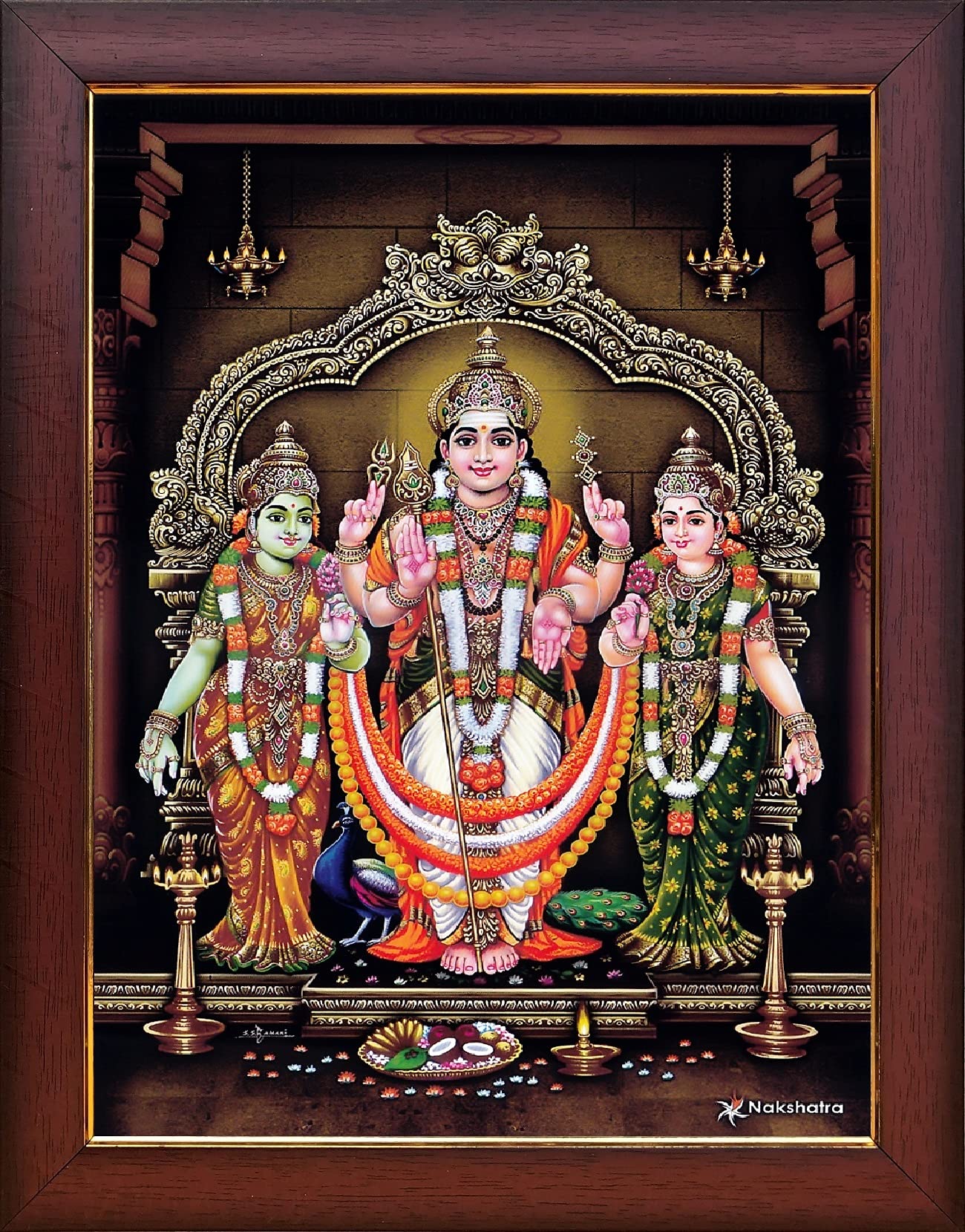 Garuda Photos - God Sri Subramanya Swamy / Murugan / Subramanian Swamy / Sri Valli Devasena Sametha Subramaniya Swamy (Pazhamudhir Solai Murugan ) Wooden Photo Frame (Small 9 X 7 Inch)