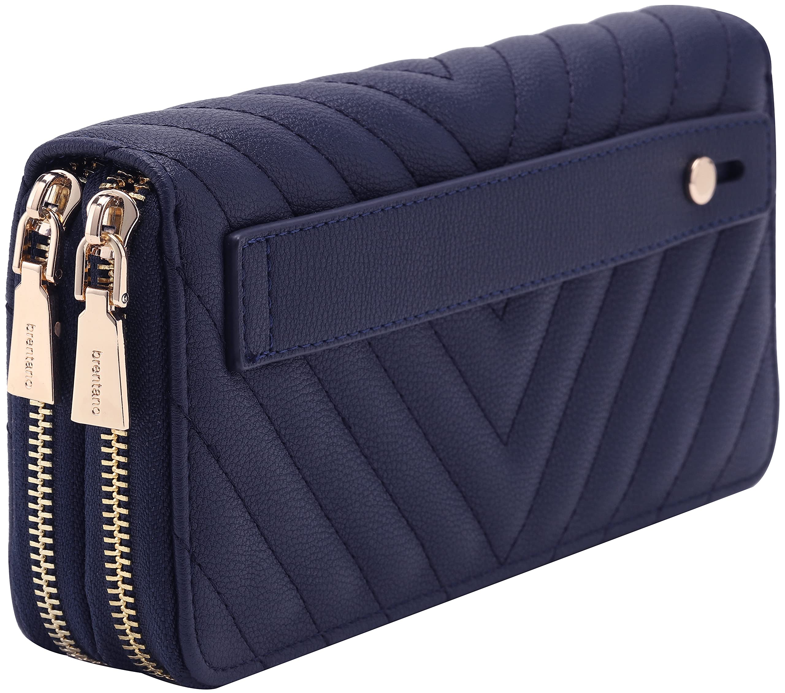 B BRENTANO Vegan Leather Double Zipper Pocket Wallet with Grip Hand Strap (Chevron Embroidered Navy)