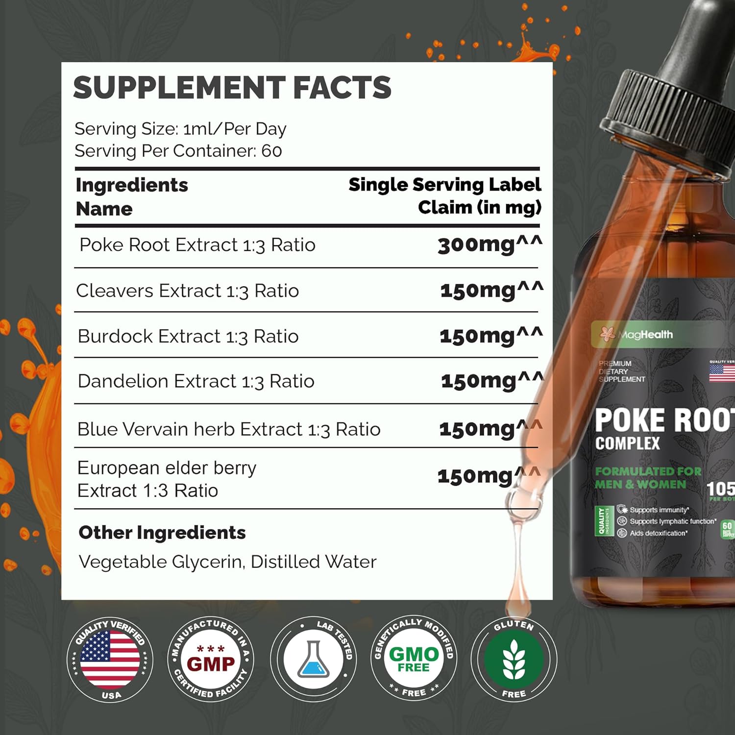 Poke Root Complex Drops 6-in-1 Tincture | 3rd Party Tested Immune & Lymphatic System Support Liquid | Cleavers, Dandelion, Elderberry, Burdock & Blue Vervain | 2 oz (60 Servings) - Image 4