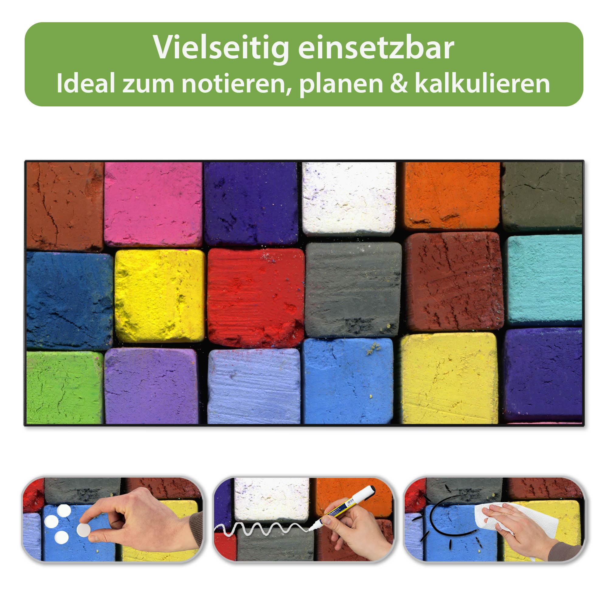 banjado Magnettafel Metall 78 x 37cm - beschreibbare Magnettafel - Metall Pinnwand als Memoboard - Magnetwand Küche, Büro, Kinderzimmer Schwarz inkl. 4 Magnete & Montageset - Motiv Bunte Kreide