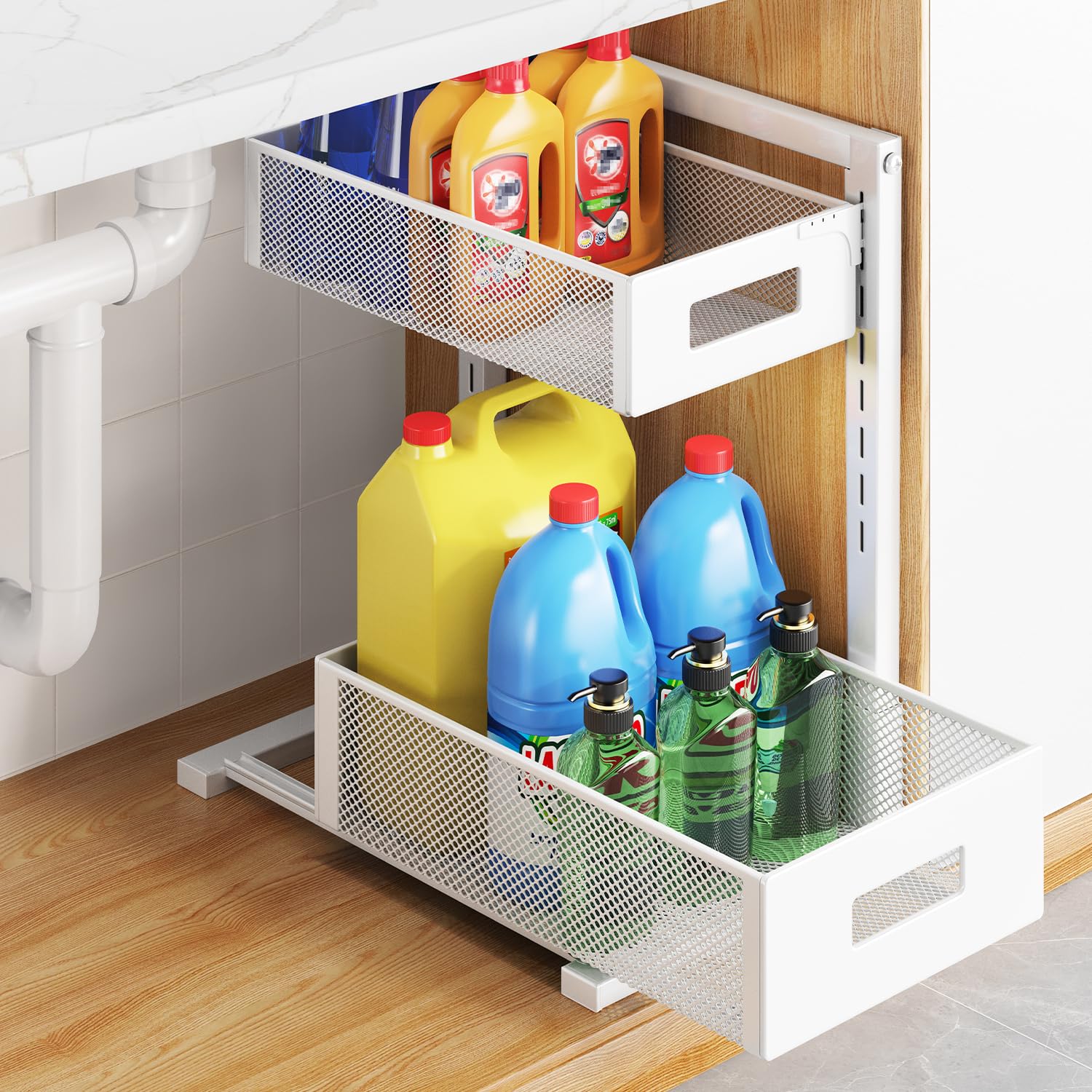 TISTAYA Pull-out Under Kitchen Sink Organizer, Metal Functional Under Sink Organizer, Height Adjustable Under Bathroom Sink Organizer, Under Sink Storage for Kitchen Bathroom Cabinet (White)