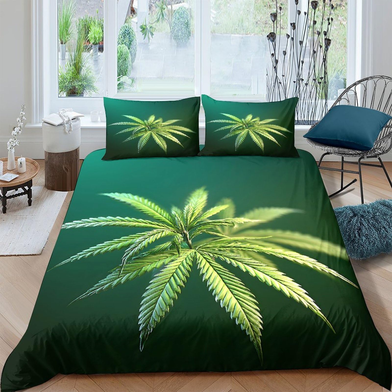 Ctjqhvkz Style-3 3D Printed Cannabis Leaf Fitted Sheet Microfiber Green Botanical Bed Cover For Bedroom Dorm Mattress Decor Single（135X200cm）