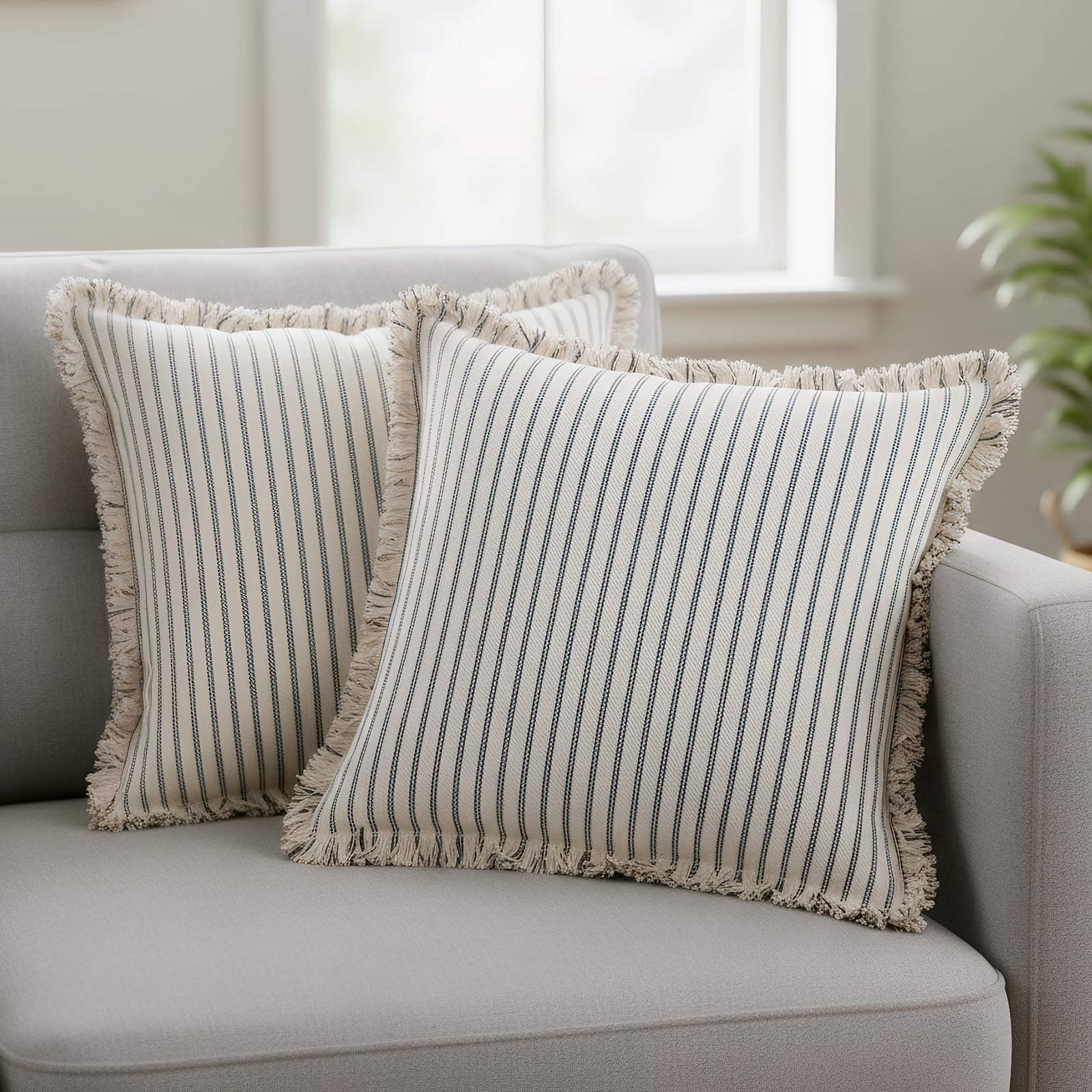 Eclove 2Pcs Decorative Throw Pillow Covers, Stripe Square Boho Farmhouse Pillow Case for Décor with Tassels, Modern Cushion Pillowcase for Sofa Bed Living Room Home Decor, 18x18 Inch (Black)