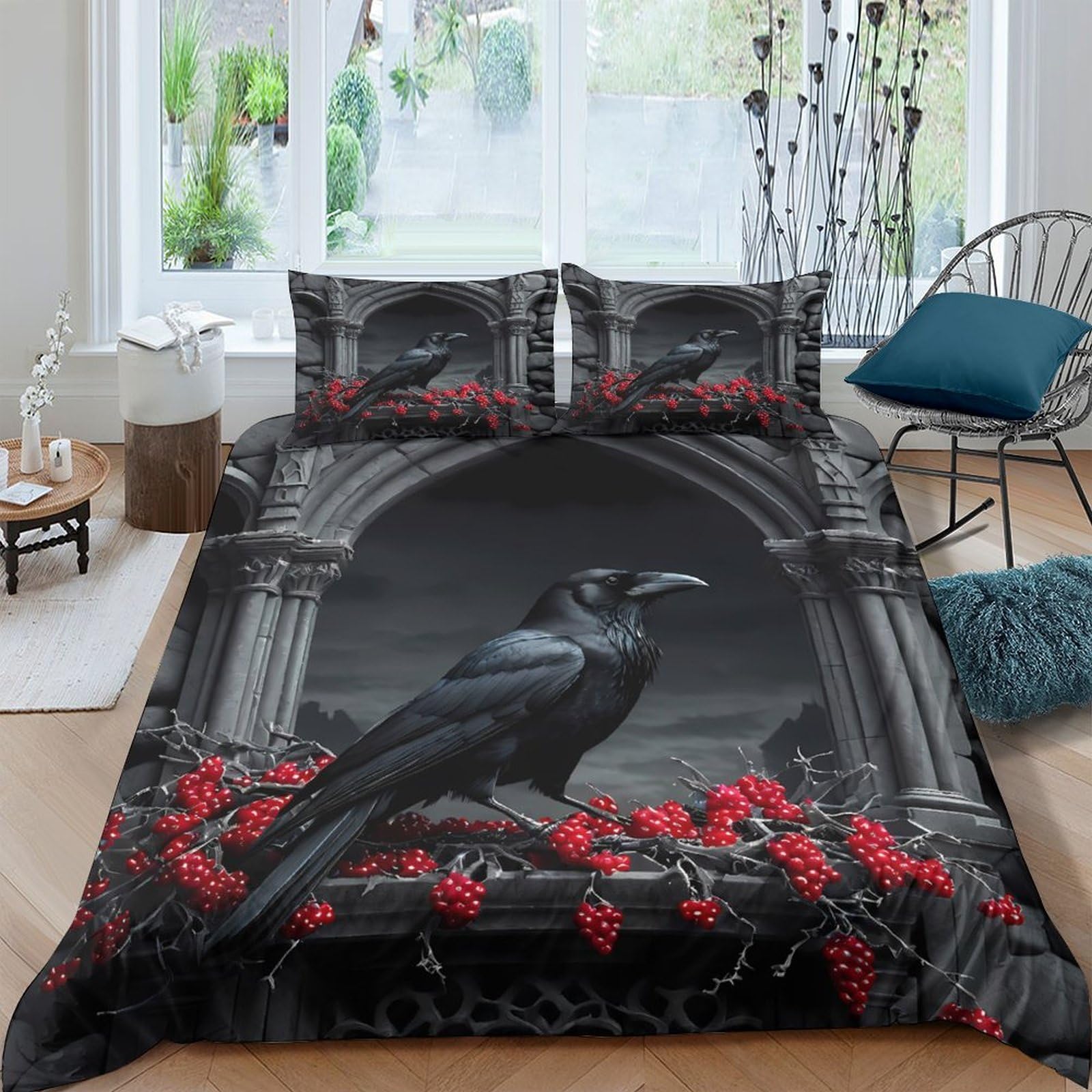 Ctjqhvkz Style-2 3D Printed Gothic Raven Fitted Sheet Microfiber Soft Black Red Arch Mattress Cover For Bedroom Guest Room Decor Single（135X200cm）
