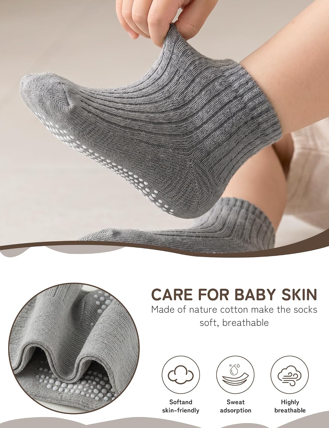 9 Pairs Toddler Socks with Grips Baby Boy Girl Seamless Crew Socks | Toddler Grip Socks,Ankle Socks,Combed Cotton,9 Pairs,Seamless Design,Breathable,All Seasons,Machine Wash,Stretchable