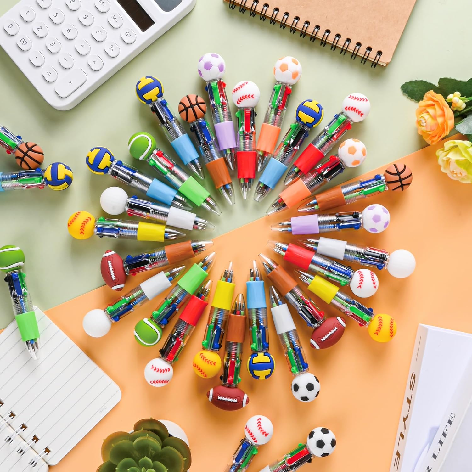 LiYiQ 100 Pcs Sports Multicolor Pen in One Cartoon Cute Fun 4-in-1 Cute Pens Bulk Kawaii Soccer Football Basketball Baseball Shape Cool Ballpoint Pens Fun Gifts