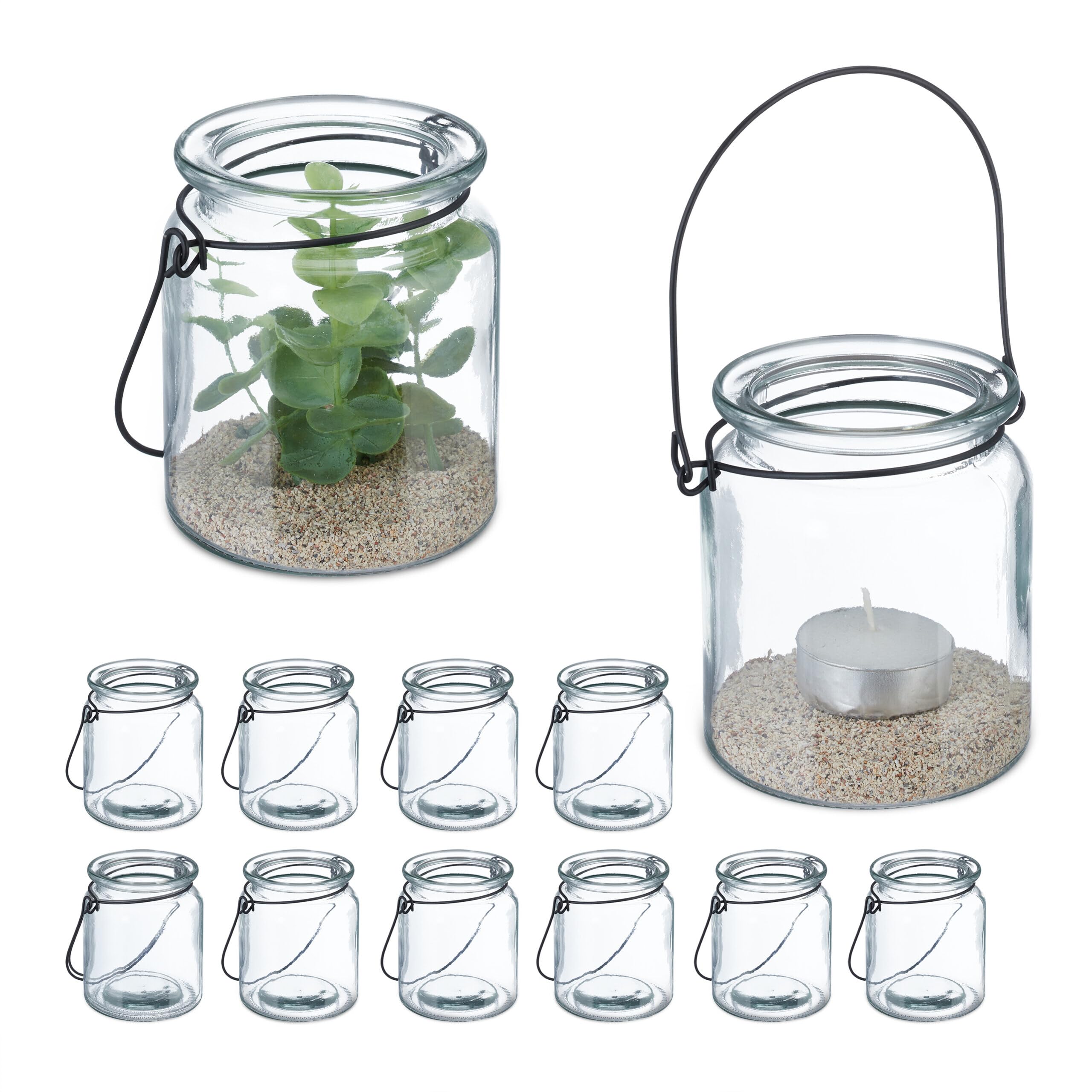 Relaxdays Candle Lanterns, Set of 12, Glass, with Handle, Tealight Holders, 9.5 x 8 cm, Indoors & Outdoors, Clear/Black