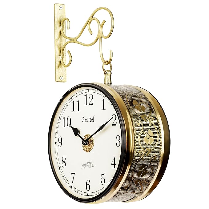 CRAFTEL Metal Analog Double Sided Vintage Station Wall Clock with Brass in dial (Shiny Gold_8 Inches) at Rs. 1441