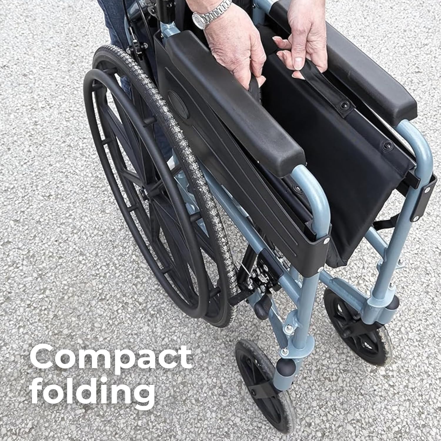 Days Escape Lite Self Propelled Narrow Wheelchair, Silver Blue, Lightweight and Foldable Frame, Aluminium Wheelchair, Portable Transit Travel Chair, Removable Footrests