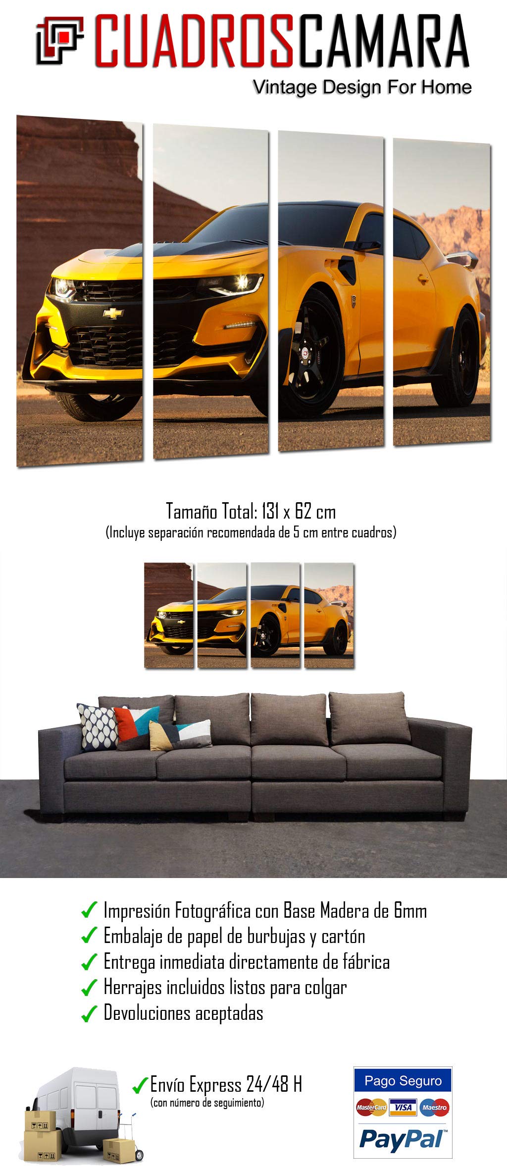 Cuadros Camara Tableau Photo Voiture Sport Bumblebee Transformers 131x62cm - Décoration Murale 4 Parties