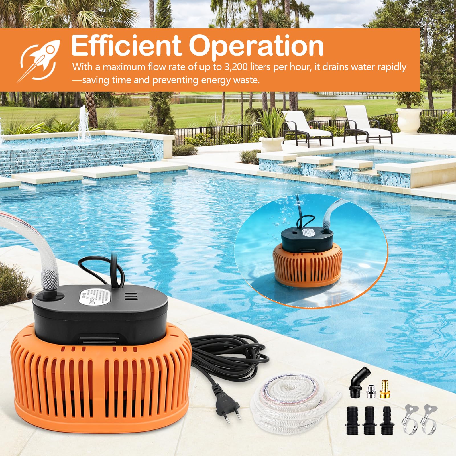 Pompa Sommergibile Acque Scure, Pompa Sommersa 75W 3200L/H pompa di Scarico per Copertura con Cavo da 7,2 m, 6 Adattatori Diversi, Tubo da 5 m Protezione Dalla Mancanza d'acqua