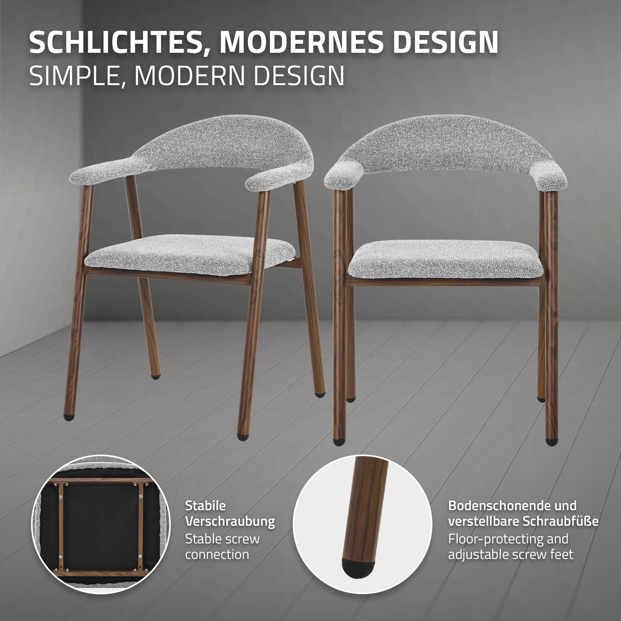 ML-Design Juego 4 Sillas de Comedor con Reposabrazos, Asientos de Cocina y Salón con Respaldo, Tapizado Tejido Gris y Estructura de Acero con Aspecto Madera, Sillones Ergonómicos Modernos