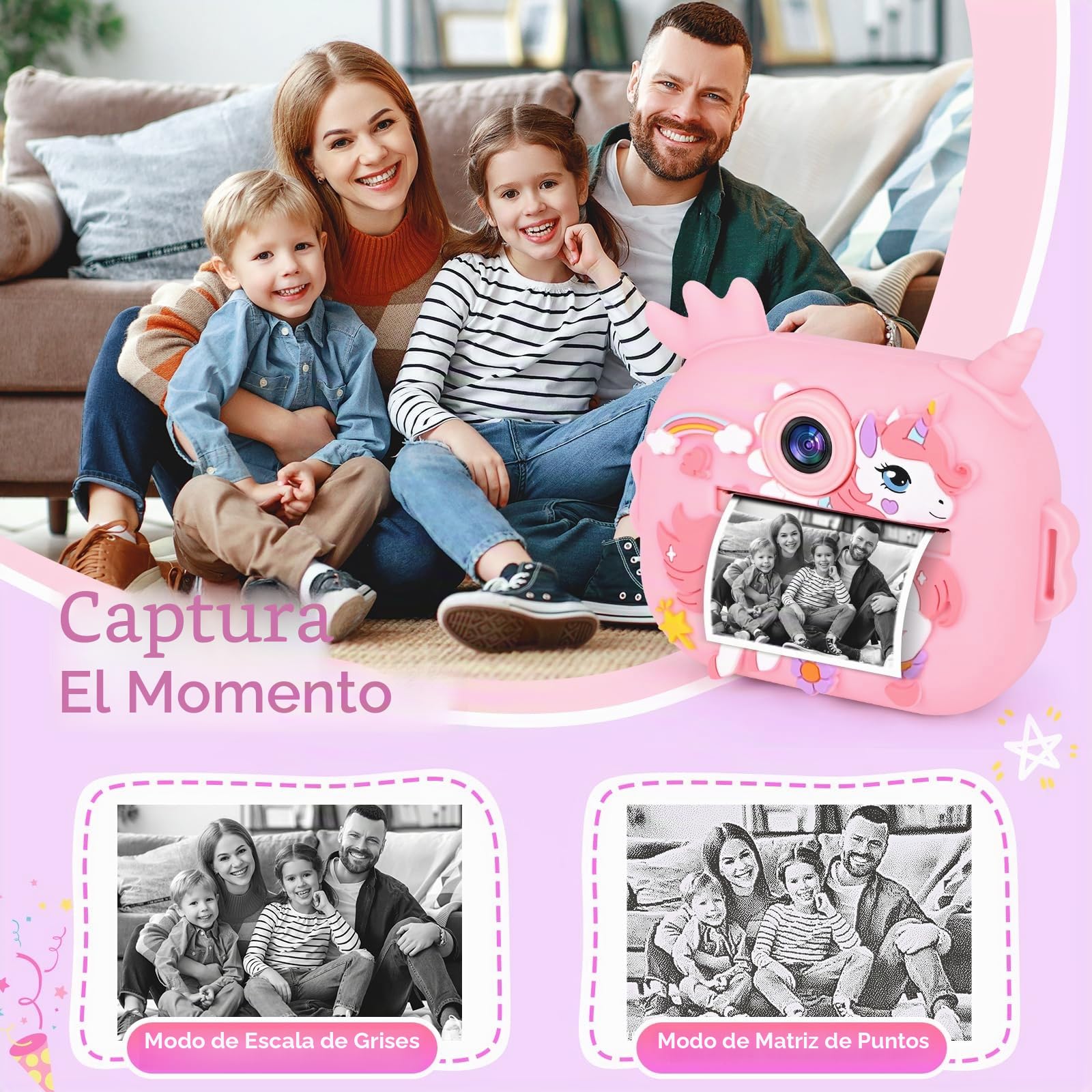 Camara Fotos Infantil Instantanea, Ambesty Camara Fotos Infantil, 2.4" HD Cámara Instantánea con Tarjeta 32GB y Papel de Impresión, 1080P HD Video Cámara, Regalos para Niños y Niñas de 3-12 (Rosa)