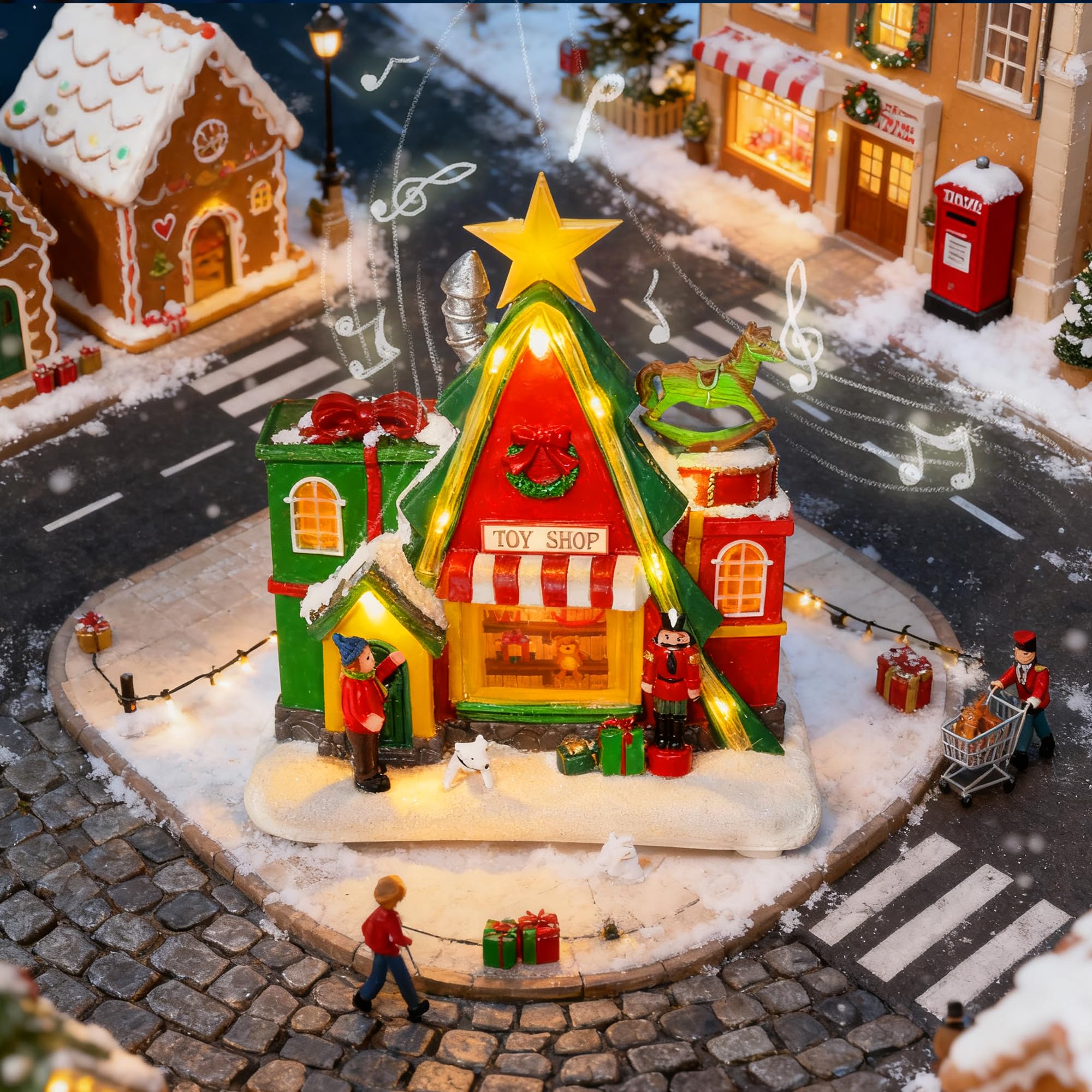 Maison de village musicale lumineuse à DEL – 18 cm – Boutique de cadeaux triangulaire – Décoration de maison de village de Noël – Bâtiments de collection pour la maison, la salle de bal et le
