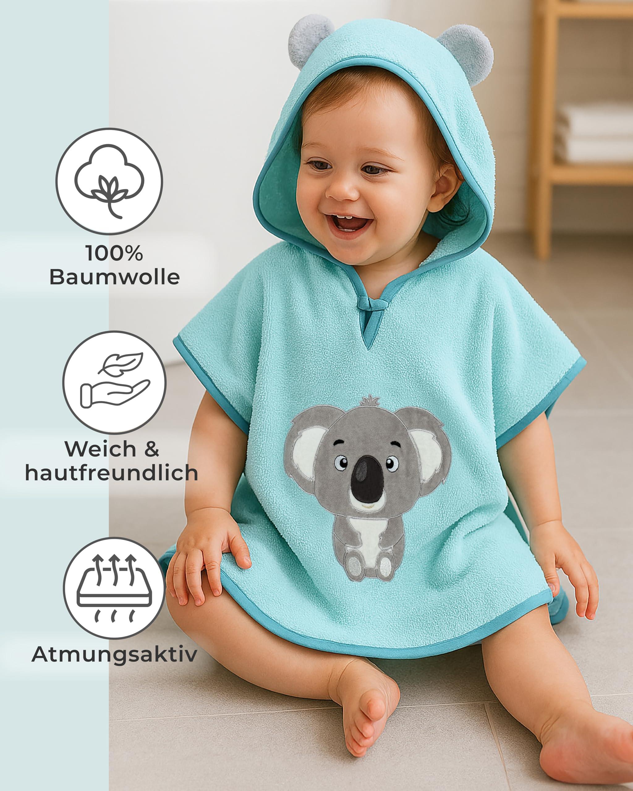 LAYNENBURG Ponczo kąpielowe premium dla dzieci z kapturem – 100% bawełna – Öko-Tex – dla chłopców i dziewczynek, ponczo frotte, Jasnoniebieski - Koala, 1-3 lat