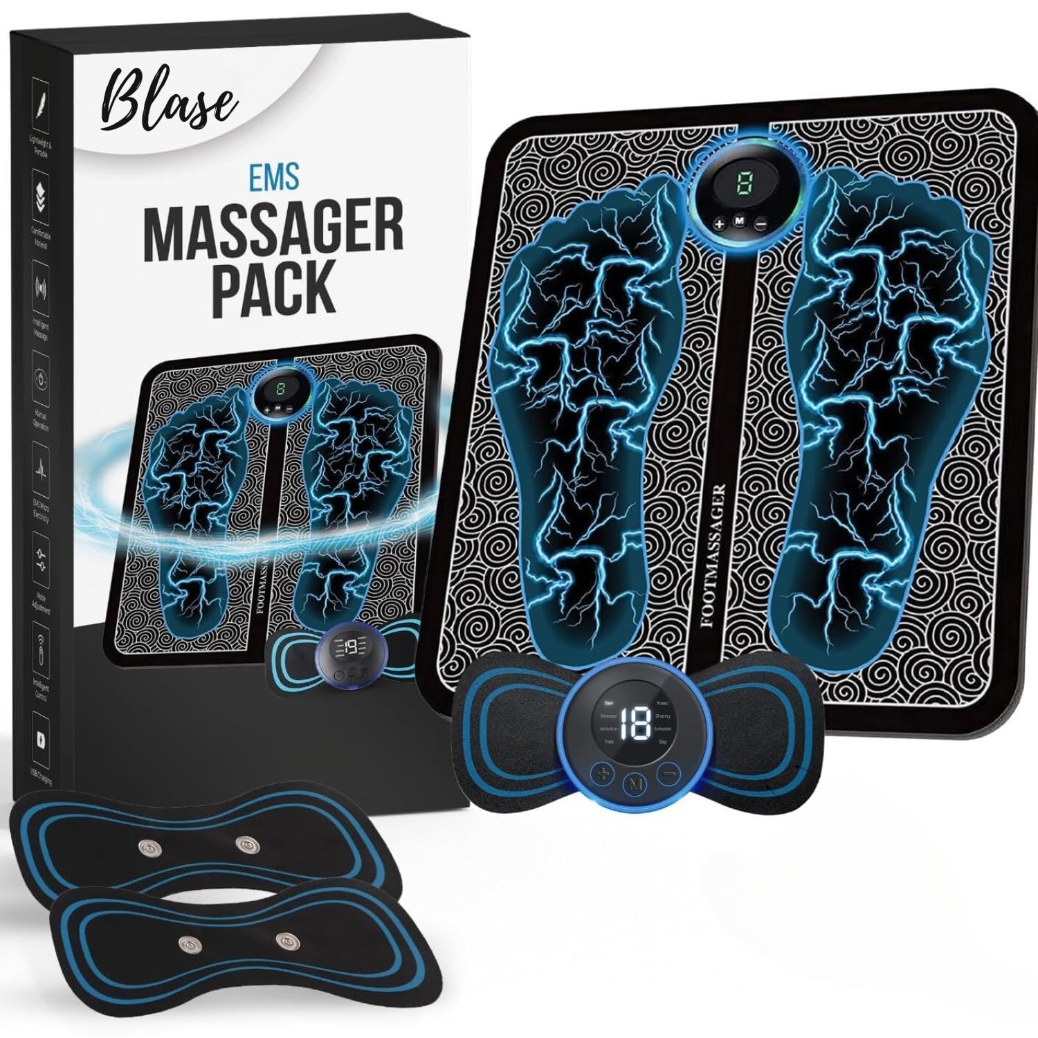 ORPIO® Foot Massager Pain Relief Wireless Electric EMS Massage Machine with Whool Body, Rechargeable Portable Folding Automatic with 8 Mode19 Intensity for Legs,Body,Hand Therapy New Model-2024