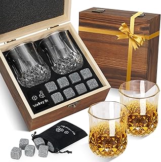 Whiskey Stones Gifts Sets for Men, Whiskey Glasses Set of 2 with Chilling Rocks, Bourbon Gifts Wooden Box Anniversary Birt...