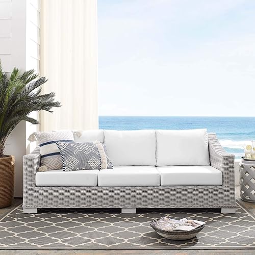 Miniatura 2 de Modway Conway Sunbrella - Sofá de mimbre para patio al aire libre, 36 x 78 x 28 pulgadas, gris claro y blanco