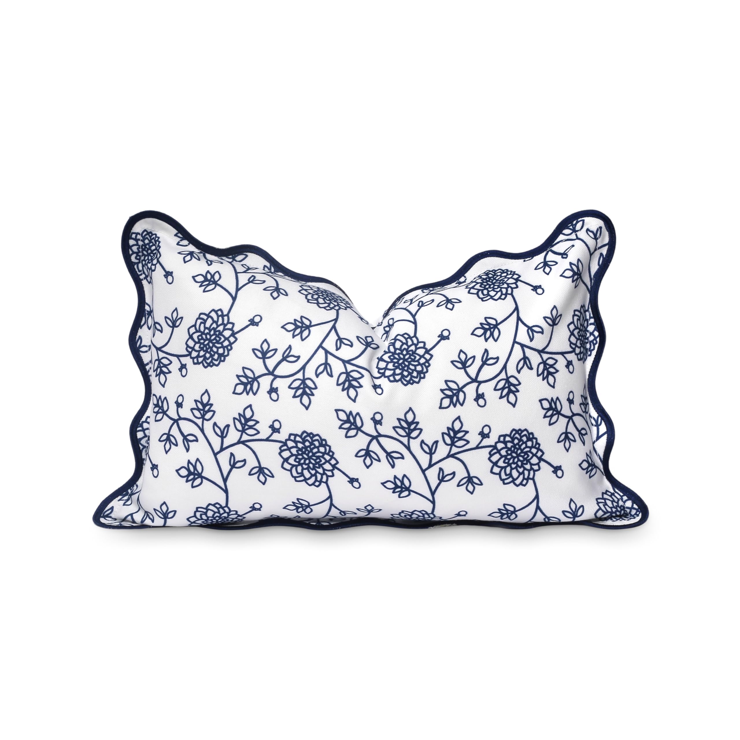 Hofdeco Premium Coastal Patio Indoor Outdoor Scalloped Lumbar Pillow Cover Only, 12"x20" Water Repellent for Backyard, Couch, Navy Blue Print Dahlia