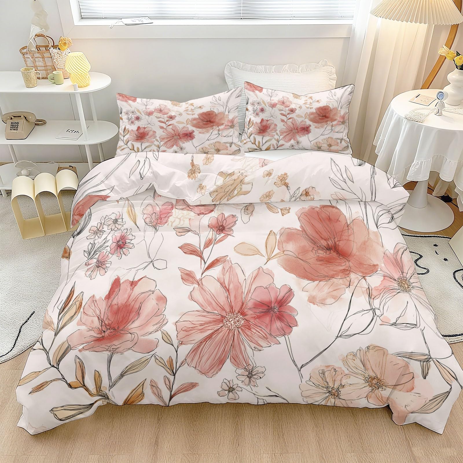 Ultrasoft hipoalergiczny zestaw pościeli z mikrofibry, podwójny, akwarelowy kwiatowy wzór, dwustronny pokrowiec z 2 poszewkami na poduszki 50 x 75 cm, czerwono-różowy