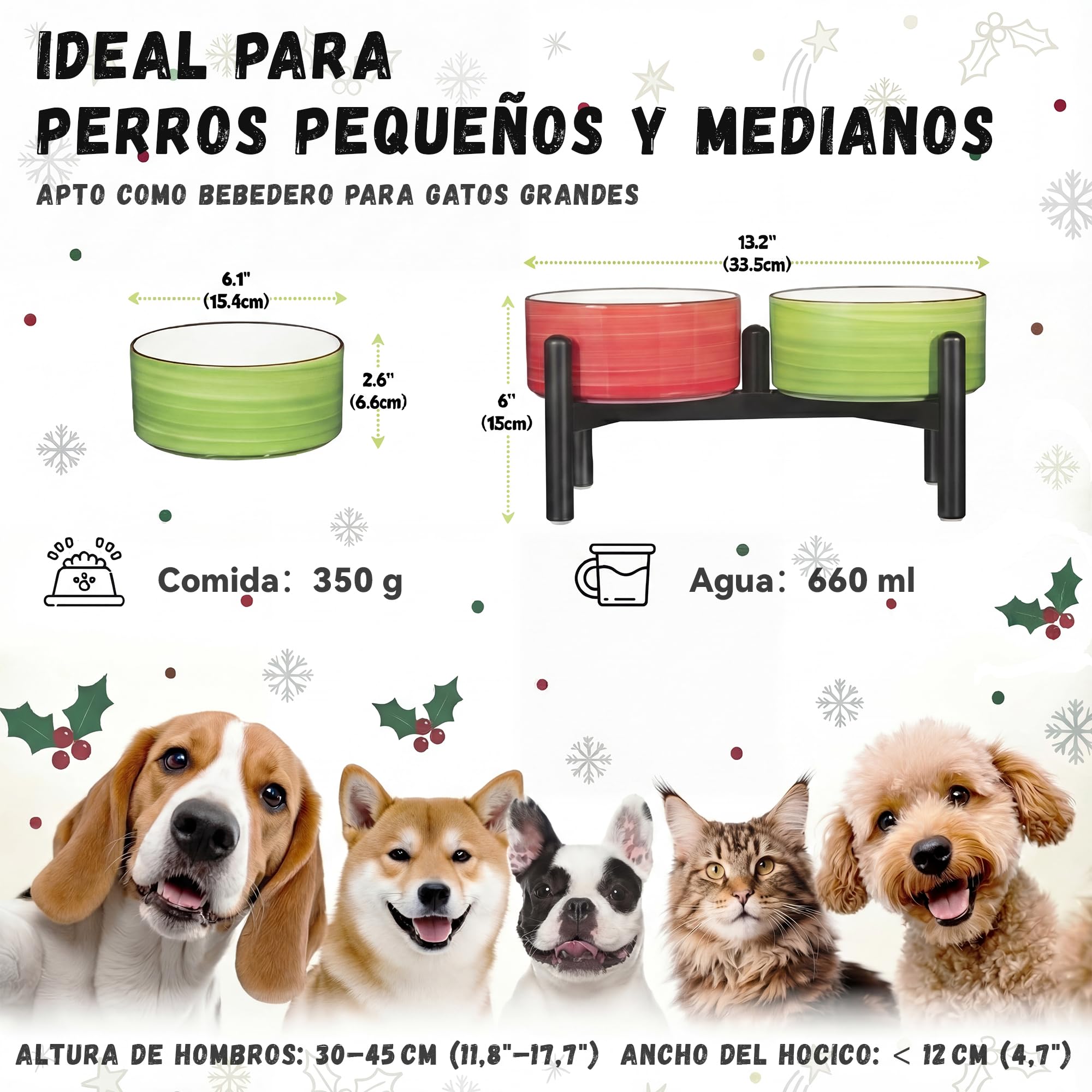 Comedero Perro Elevado Ceramica Doble - Soporte Acero Inoxidable con Cuencos de Cerámica Acanalado - Comedero con Bebedero para Perros Pequeños y Medianos - 350g / 660ml - Set di Natale