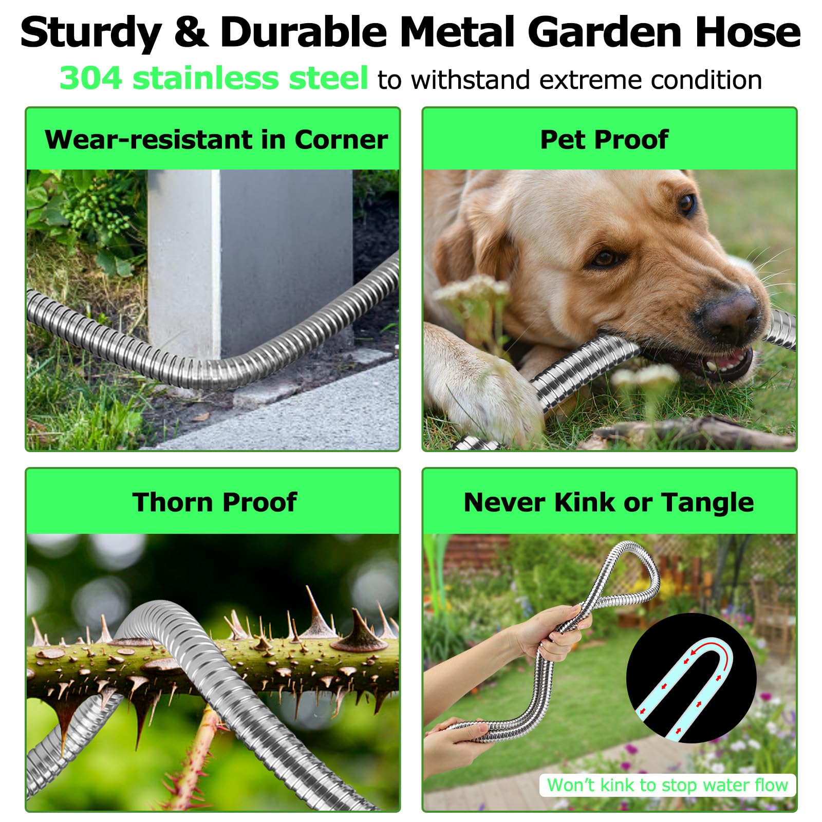 Metallschlauch, 15 m, Gartenschlauch mit 10 Funktionen, Sprühdüse und verstellbarer Düse, Gartenschlauch, rostfrei, knickfrei und verhedderungsfrei, flexibel für Rasen, Auto, Wohnmobil und