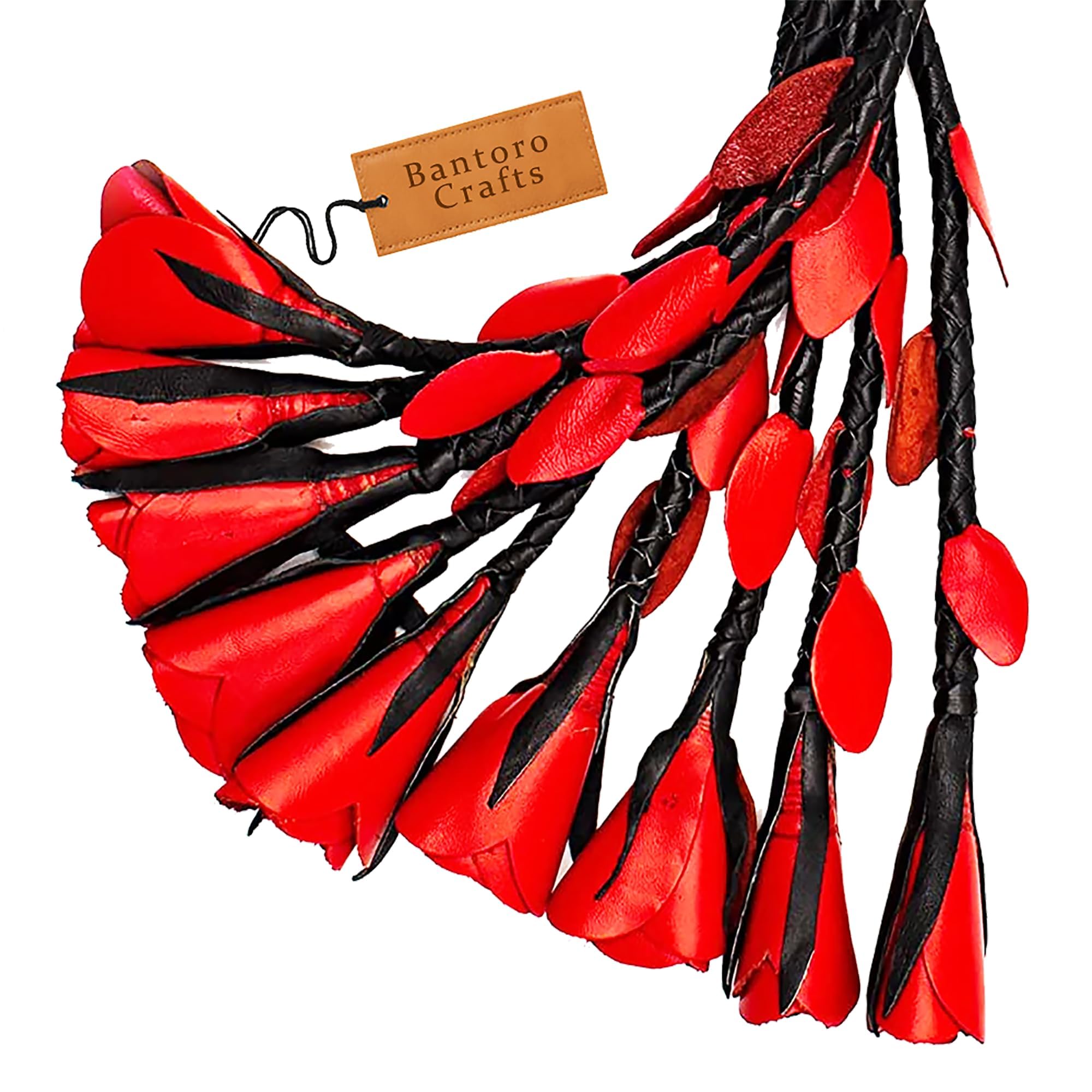 Flogger En Cuir Véritable Fait Main – 6 Lanières Tressées Avec Roses – Noir
