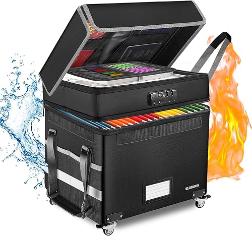 ELOBOON File Box with Lock, Fireproof Document Box with Wheels, Collapsible File Organizer Box, File Storage Box for Home & Office, Rolling File