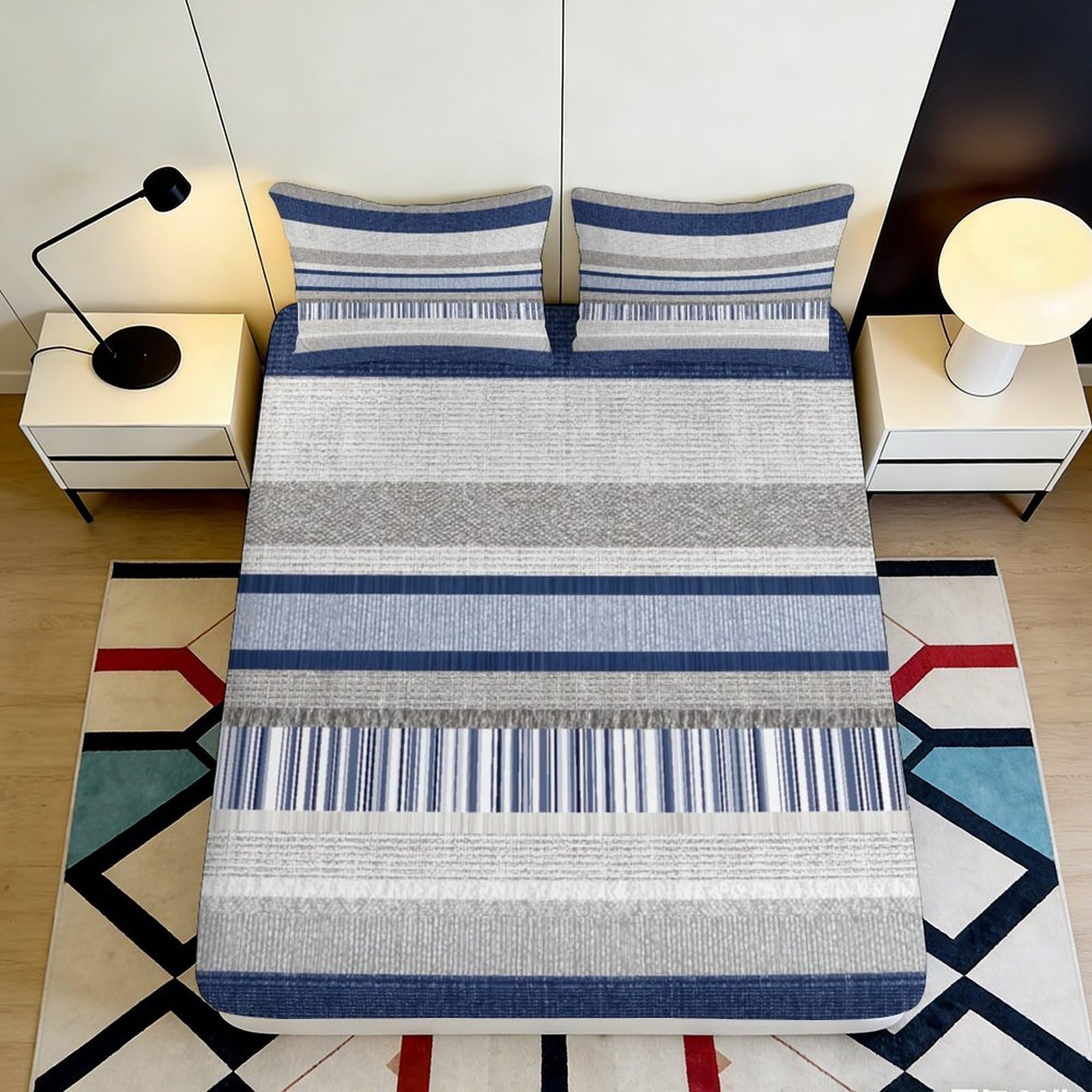 Jqzkxnhpbr Style-8 3D Printed Blue Grey Striped Fitted Sheet Microfiber Soft Breathable Geometric Bed Cover For Bedroom Dorm Mattress Protection Decor 90X200x25cm