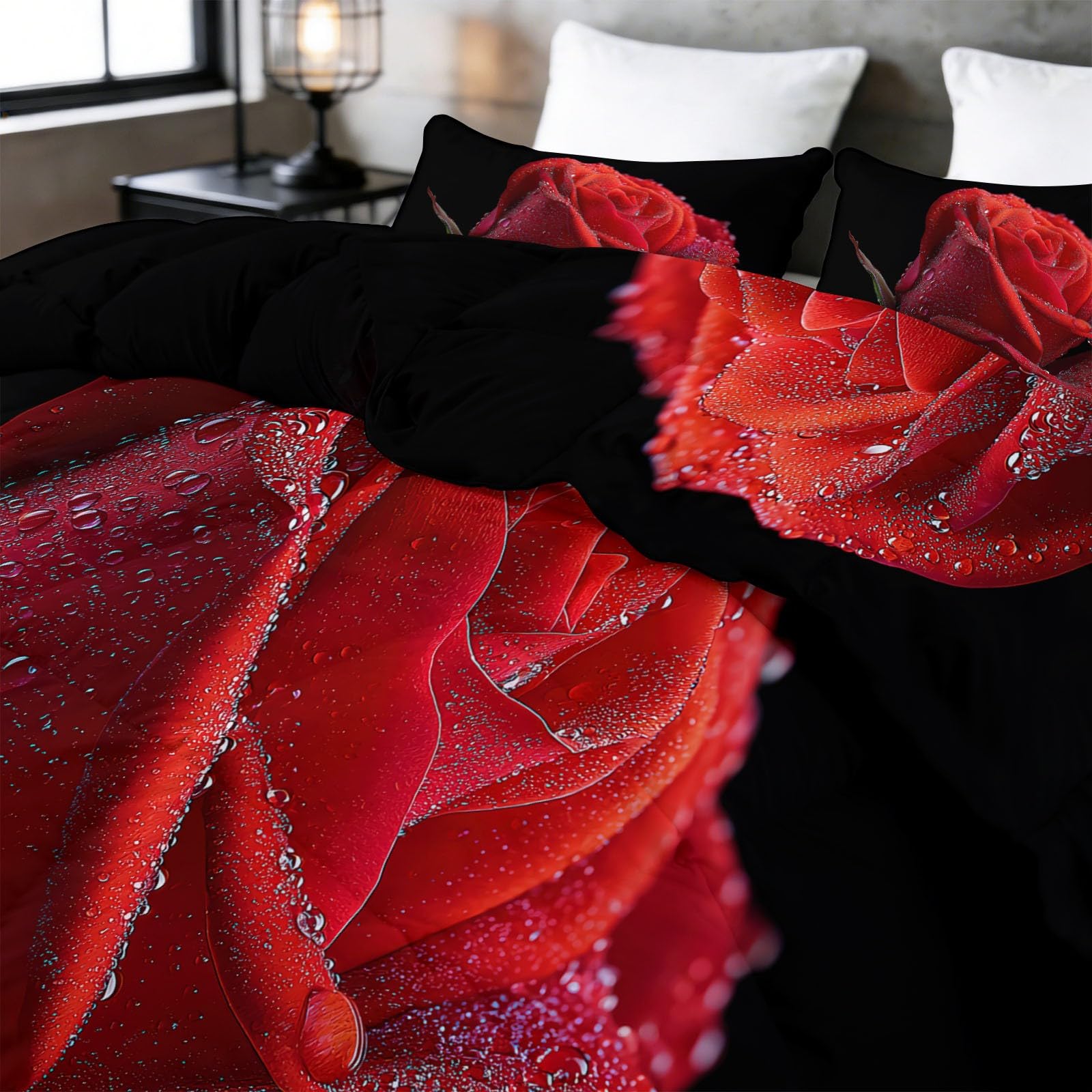 Trapunta Matrimoniale 150x200 cm Rose rosse Piumone 4 Stagioni Microfibra Traspirante Morbida, Trapuntino Copriletto Stampa 3D con 2 Federe 50x80 cm