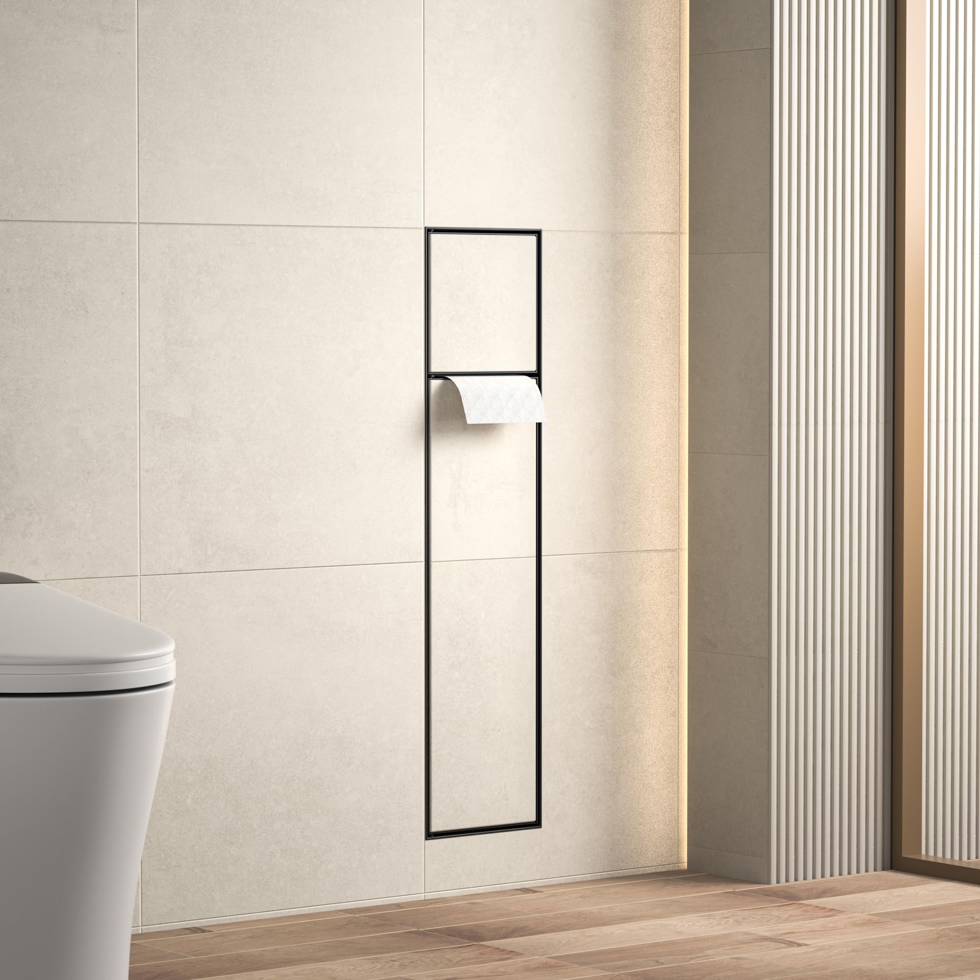 Edelstahl Unterputz Toilettenpapierhalter, Klopapierhalter mit Aufbewahrung Bietet Platz für Neue Rollen/Klobürstengarnitur, WC Papier Halterung für Toilette, 63×15×15cm, Schwarz