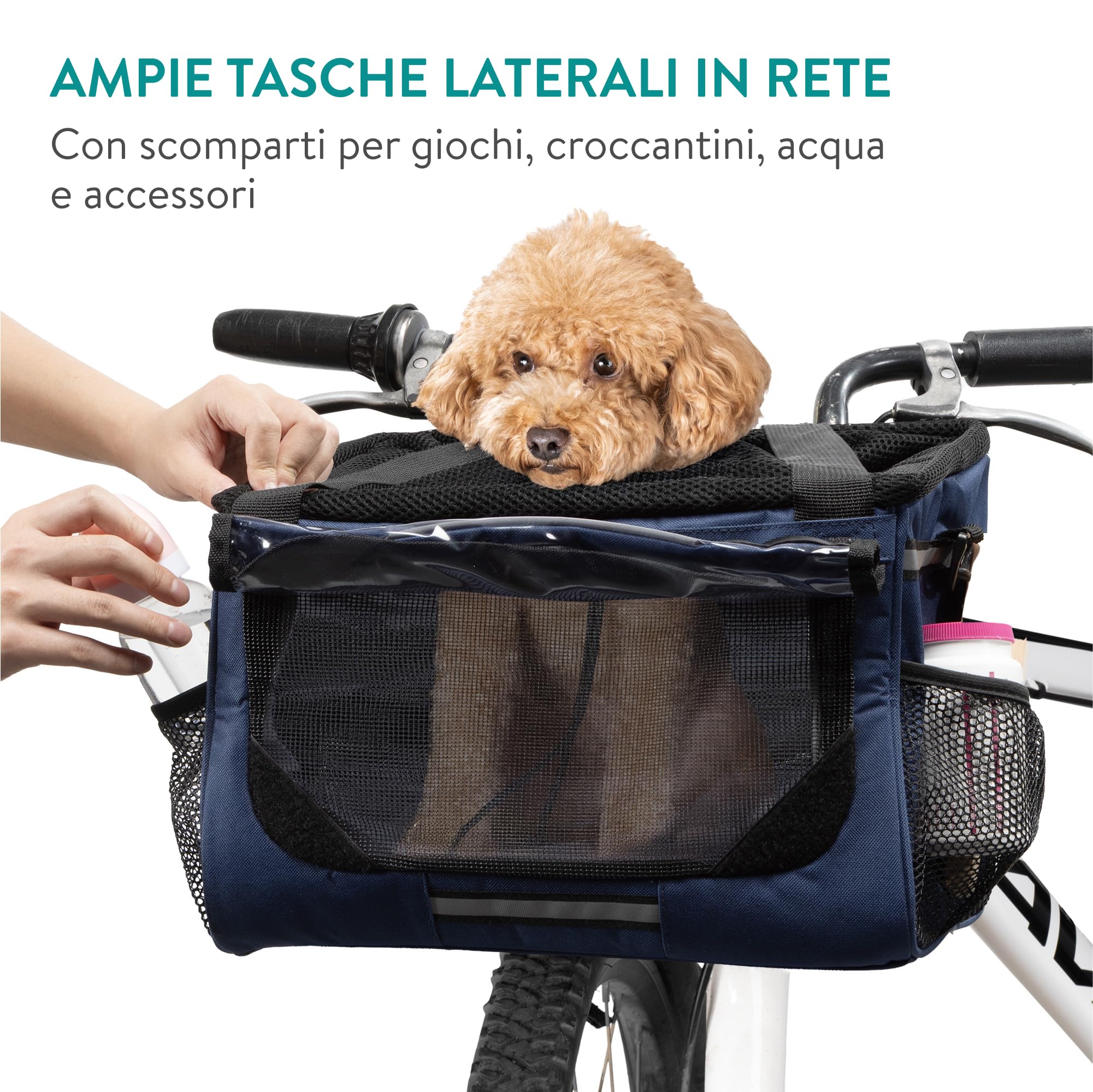 Navaris Trasportino per Cani - Cestino Bicicletta Anteriore - Cestino Bici per Cani 10 kg Sicuro e Stabile - Trasportino Cane con Cinghie di Fissaggio e Trasporto - Blu