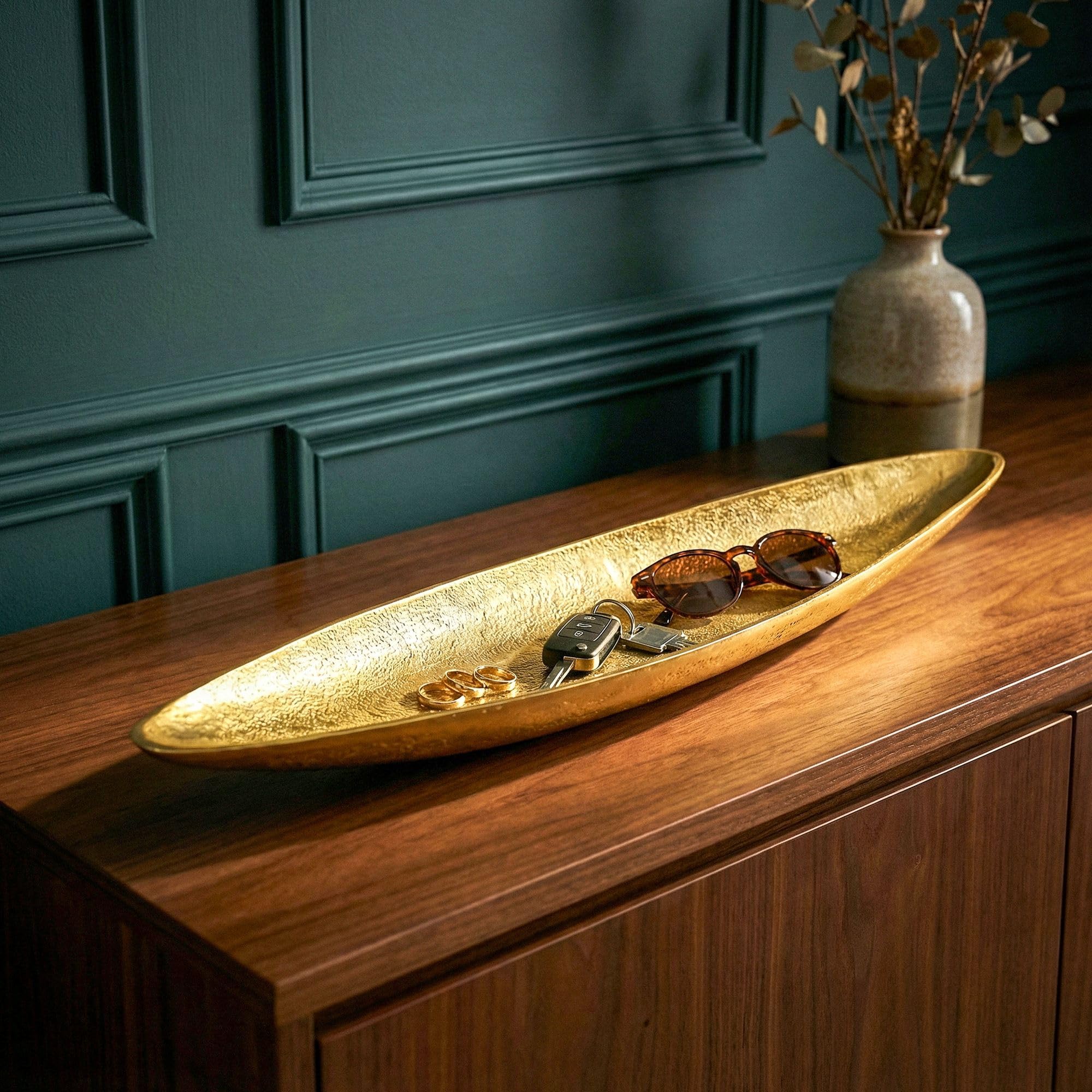 FineBuy Dekoschale 80 cm Aluminium Gold, Tischdeko Metall Länglich | schmale Schale als Wohnaccessoire, Tischdekoration für Esstisch und Sideboard, handgefertigtes Unikat, Obstschale