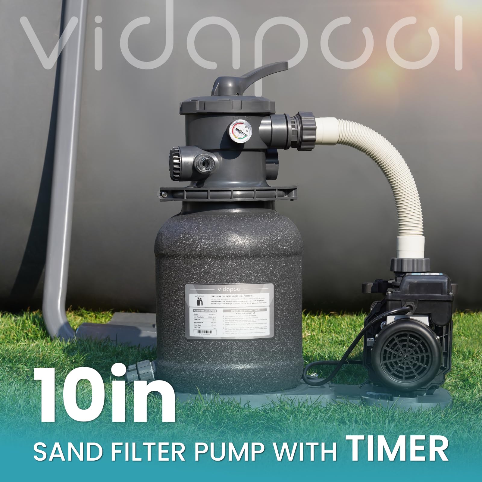 Pompe à filtre à sable pour piscine hors sol, pompes de piscine hors sol avec minuterie, filtre à sable pour piscine avec valve à 6 voies, filtration efficace, 25,4 cm