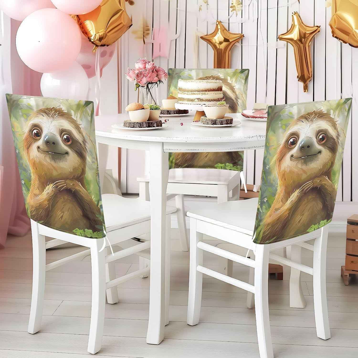 ALAZA Funny Sloth Chair Back Cover Set of 6, Washable Reusable Removable Chair Slipcovers Decorative Chair Cover for Home Kitchen Wedding Party