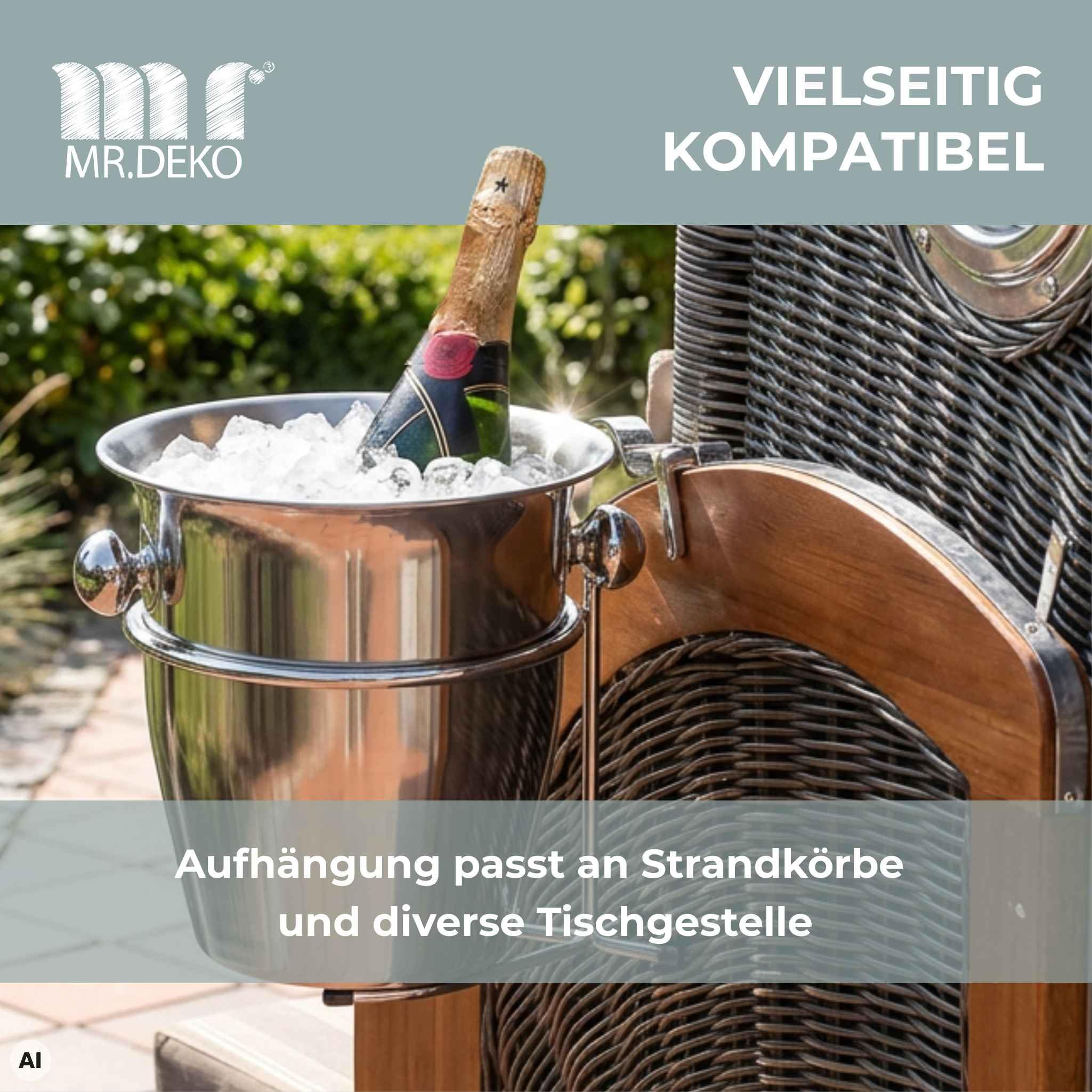 MR. DEKO Strandkorb-Zubehör Champagnerkühler Edelstahl 2tlg. | Sektkühler mit Halterung Rostfrei | Weinkühler-Set für Gartenmöbel | Flaschenkühler | Getränkekühler-Halterung Strandkorb-Einsatz