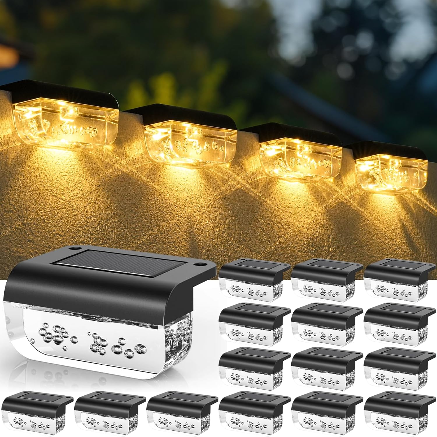 Herzila 16 Pack Solar Fence Lights, Waterproof Outdoor Solar Step Lights Fence Lights Solar Powered for Outside, Step, Fence, Deck, Stair, Pool and Yard, Warm White