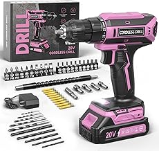 Cordless Screwdriver, 20 V Cordless Drill, 25 + 1 Torque Levels, Cordless Drill, 42 Nm Max Torque, LED Light, 56-Piece Cordless Screwdriver Set for Maintenance Work and DIY Projects, Pink