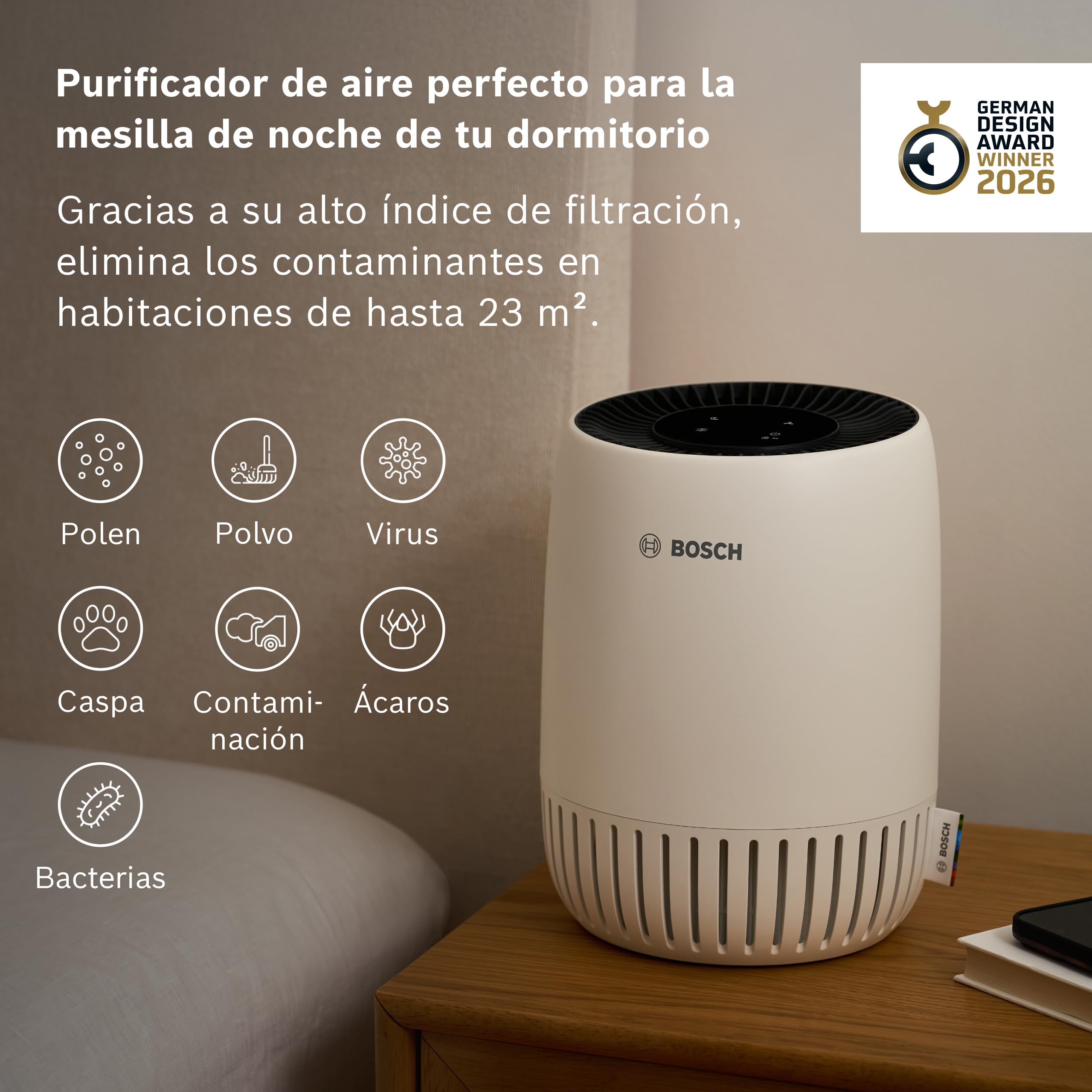 Bosch Air 500 Purificador de Aire - Elimina contaminantes, incluye filtro de aire y modo silencioso (< 25 dB(A)) - para habitaciones de hasta 23 m² - con puerto de carga USB-C - CADR: 100 m³/h