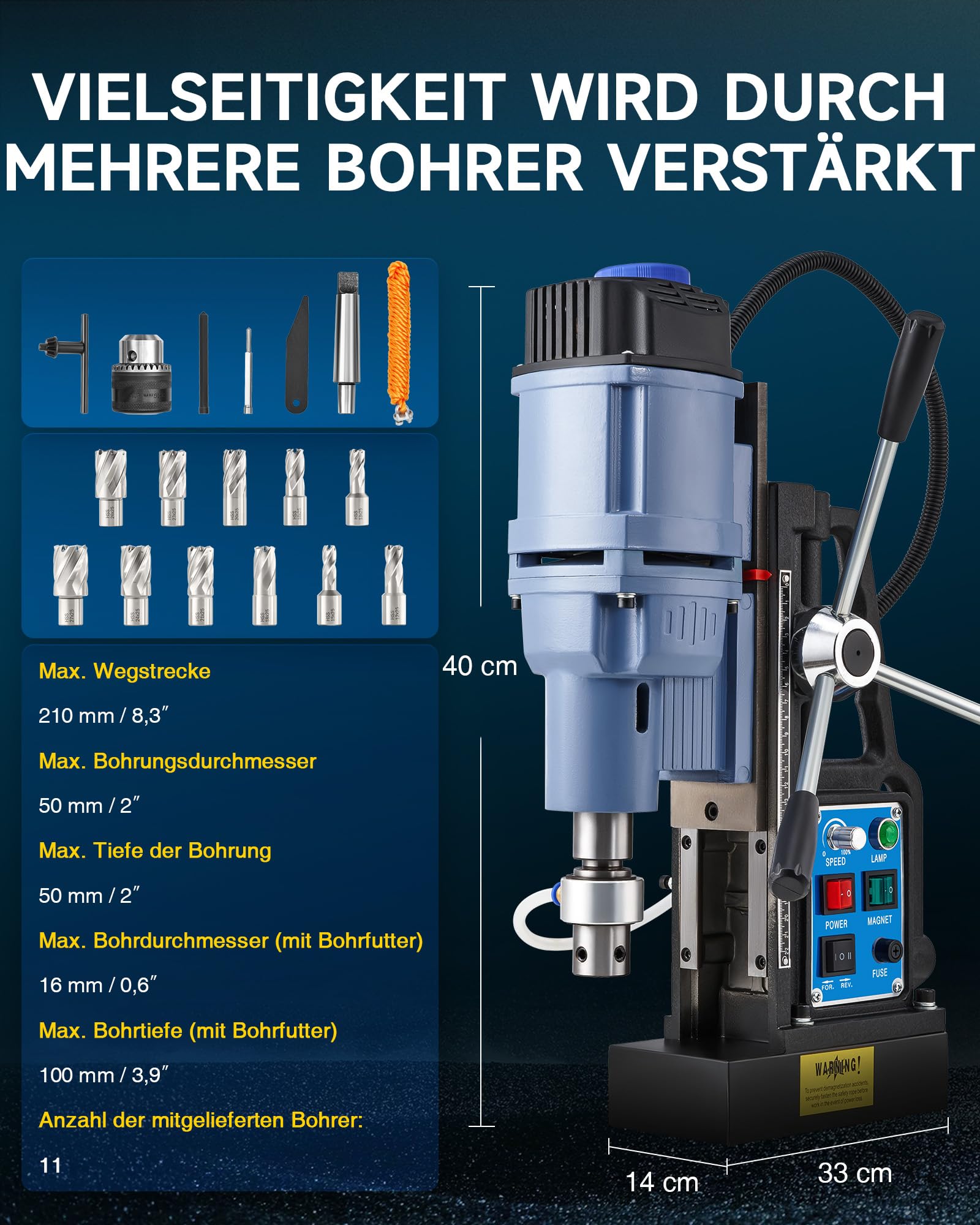 ZELCAN Magnetbohrmaschine, 1550W Standbohrer, 13900N Anpresskraft, 650 U/min, 50mm Bohrtiefe. Lieferung mit 11 HSS-Bohrern 12–27mm und Drehzahlregelung für gewerbliche Metallbearbeitung