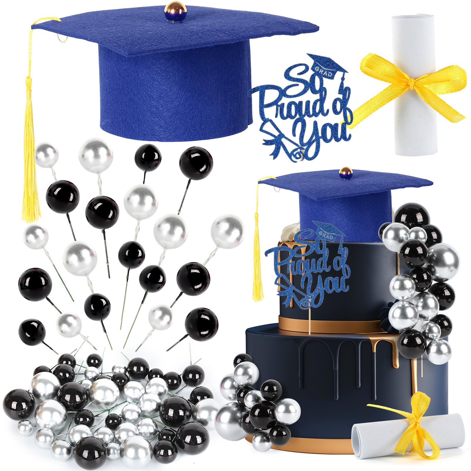Photo 1 of 43Pcs Graduation Cake Kit Included Felt Grad Cap with Tassel Silver Black Ball Graduations Party Supplies So Proud of You Cupcake Topper for Congrats Senior High School College Parties Decor(Blue?
