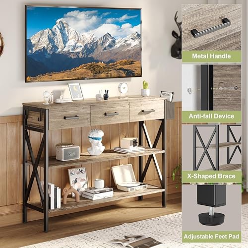 Miniatura 26 de Gizoon Mesa de entrada de 39 pulgadas con 2 cajones y estantes de almacenamiento de 3 niveles, mesa de sofá larga y estrecha industrial, mesa