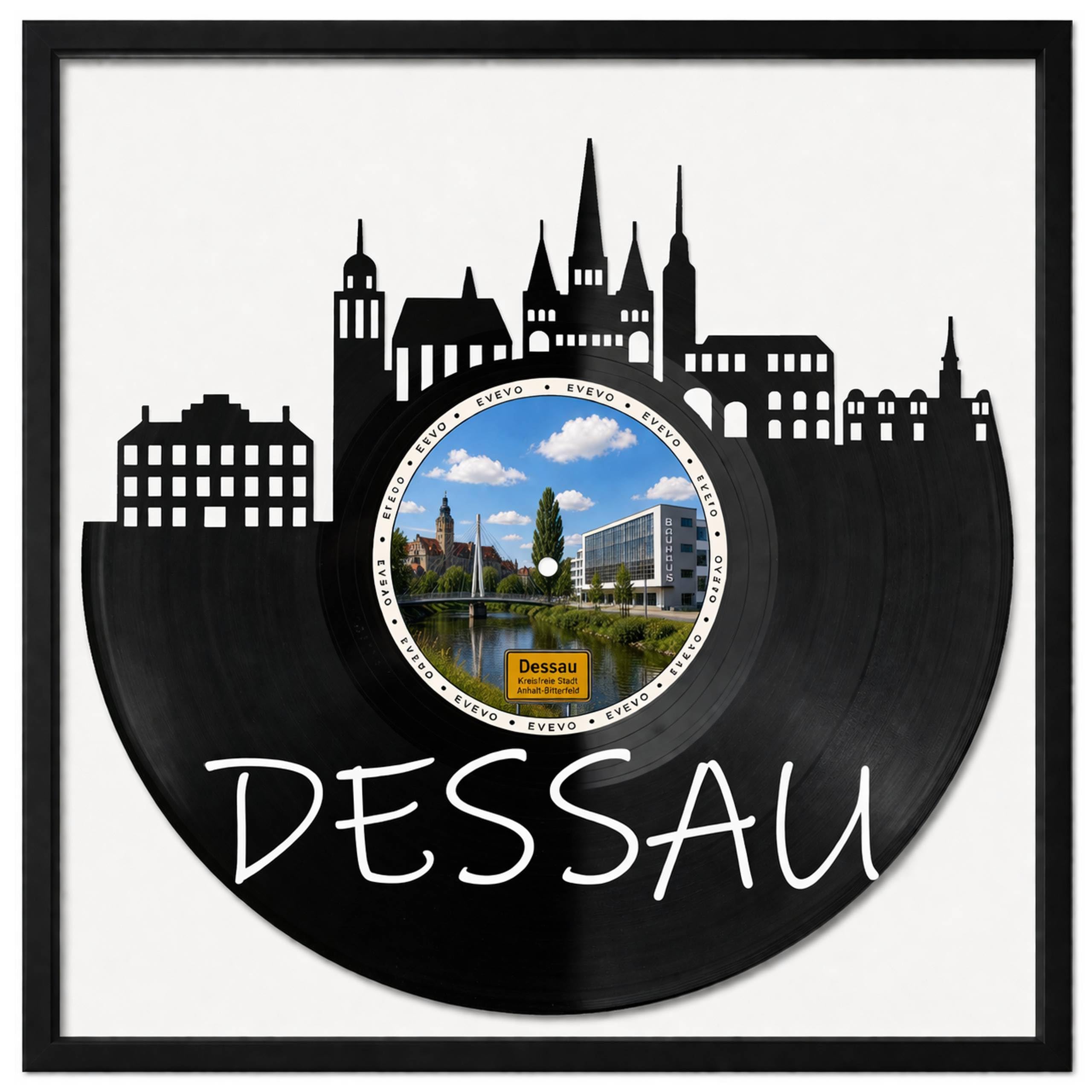 EVEVO Dessau - Decorazione da parete in vinile, con cornice, 32 x 32 cm, motivo: città Bauhaus, regalo per gli amanti dell'architettura