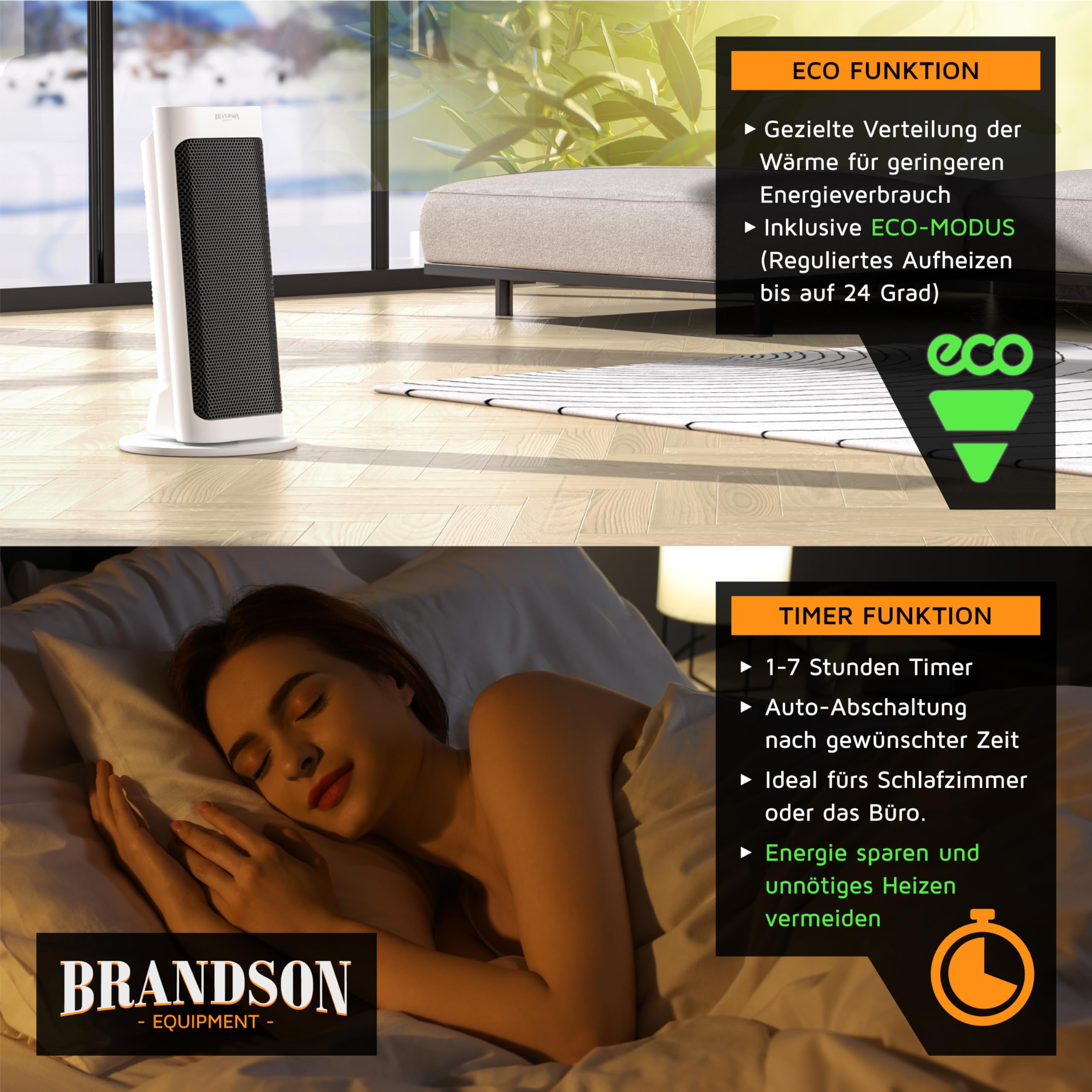 Brandson - Heizlüfter energiesparend leise - elektrischer Keramik Heizstrahler - Elektroheizung mit Fernbedienung - Oszillation - Überhitzungsschutz - Thermostat - Badezimmer Schlafzimmer Wohnzimmer