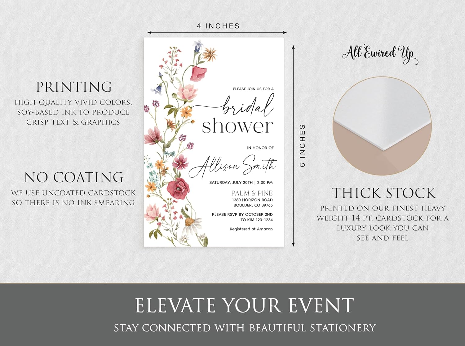 All Ewired Up Personalized Printed Watercolor Wildflower Bridal Shower Invitations – Custom Boho Floral Wedding Shower Invite Cards with Envelopes – Rustic Garden Flower Design on Premium Cardstock